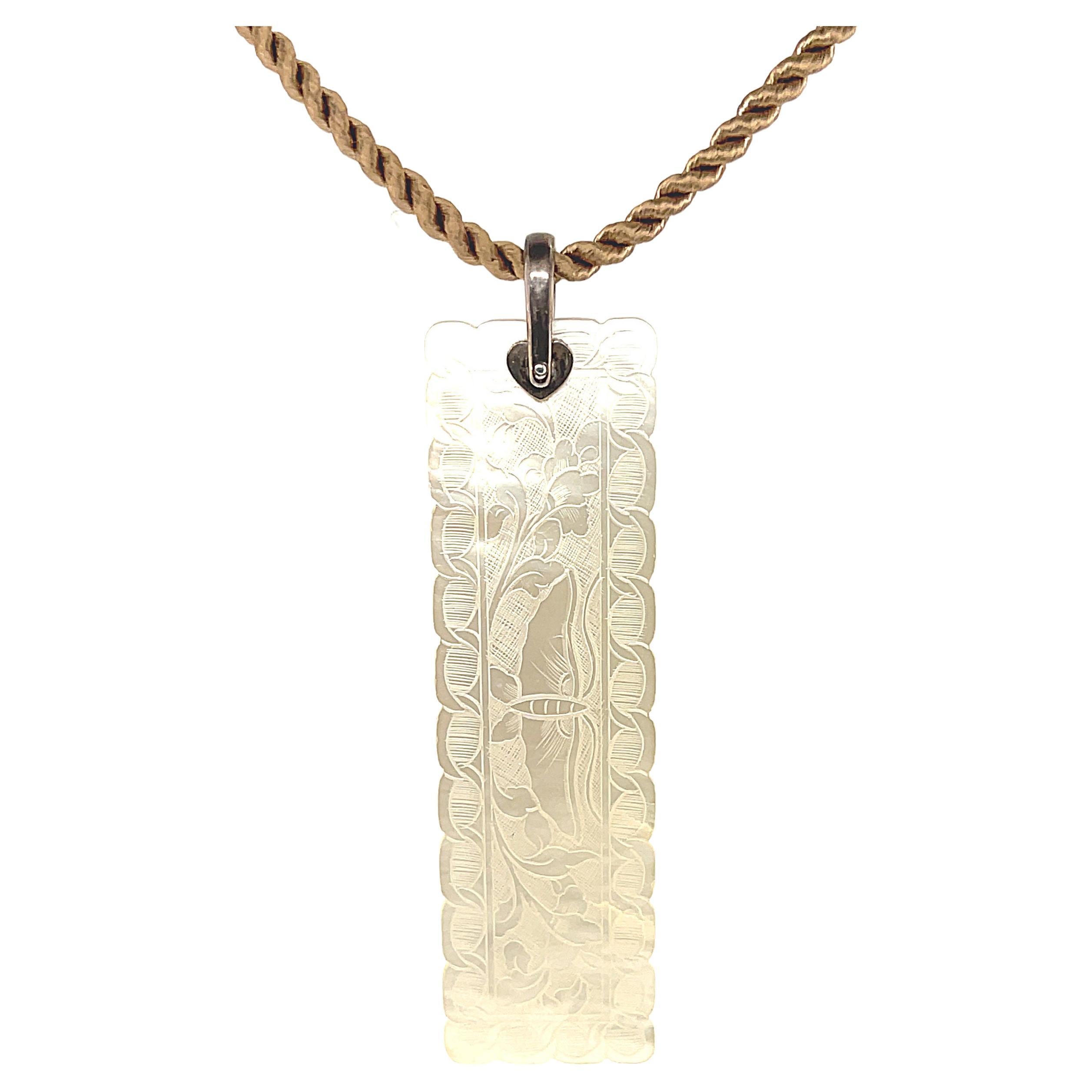 Antique Mother-of-Pearl Gambling Counter Reversible Pendant in Blackened Silver For Sale