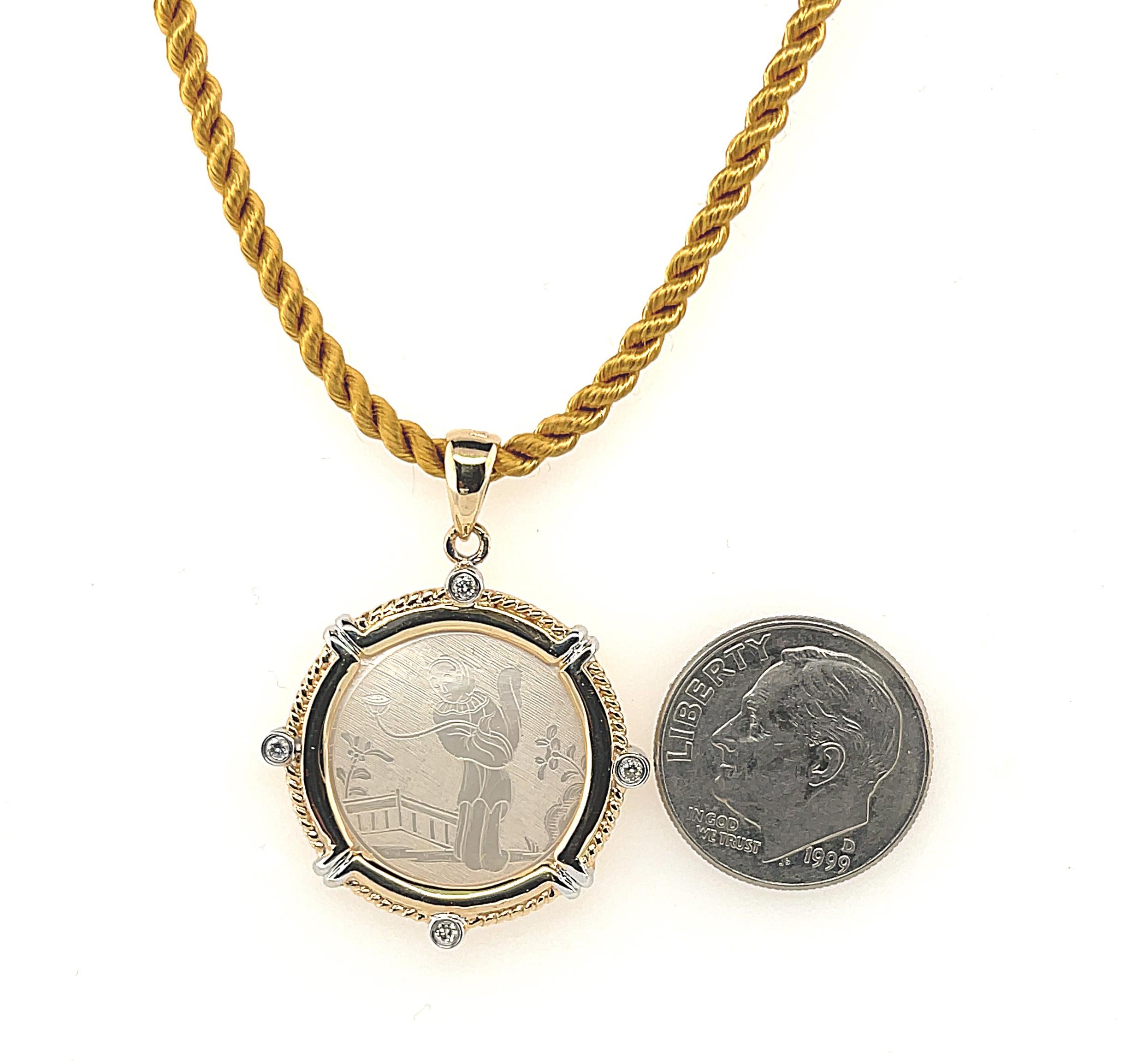 Artisan Antique Mother-of-Pearl Gambling Counter Pendant in Yellow Gold with Diamonds For Sale