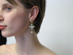 Antike Perlmutt-Spielmarke, 18k Gold und Silber, quadratische Ohrringe