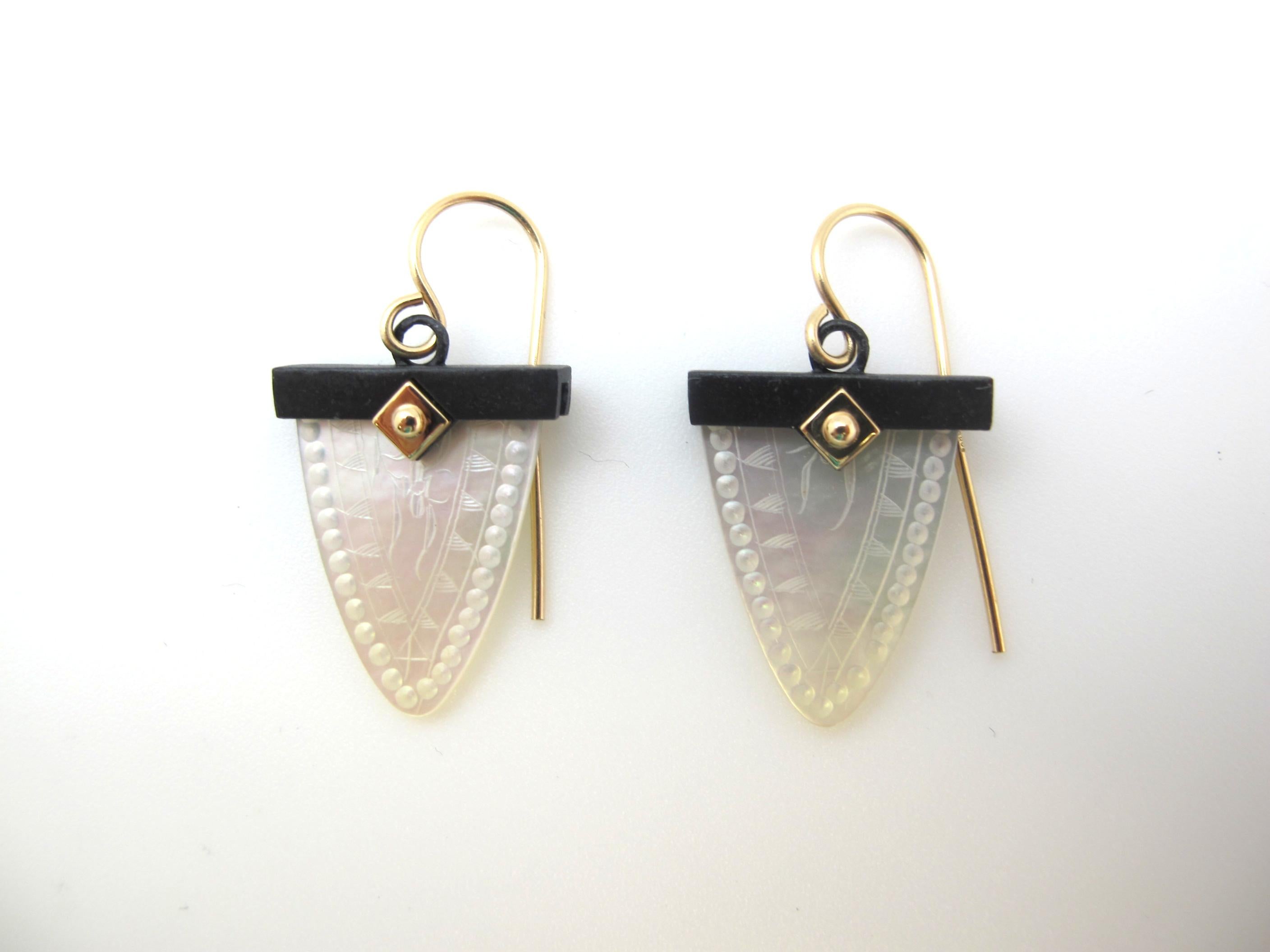 Artisan Mother-of-Pearl Gaming Counter, 18k Yellow Gold, Blackened Silver Drop Earrings