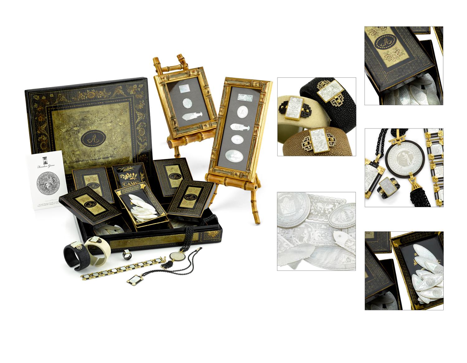 Antike Perlmutt-Spielmarke, 18k Gold und Silber, quadratische Ohrringe (Carréeschliff) im Angebot