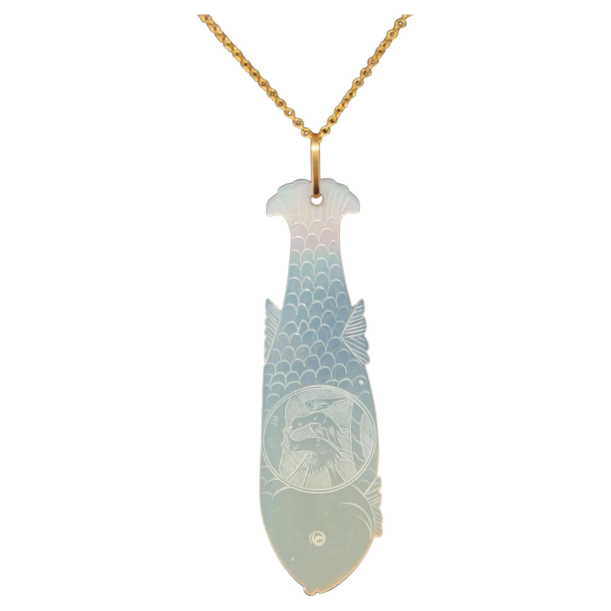 Antique Mother-of-Pearl Gaming Counter Fish Motif Pendant in Yellow Gold For Sale