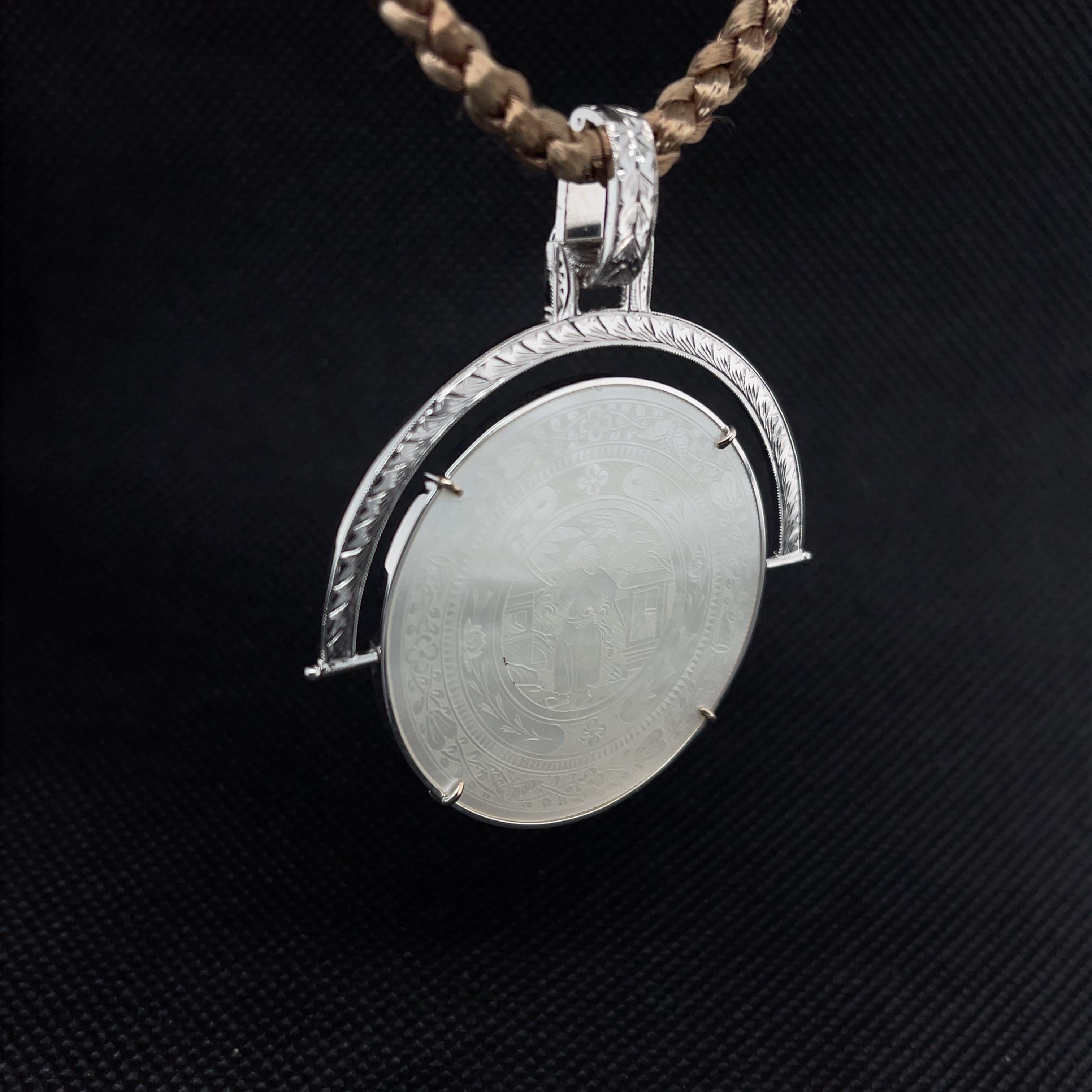 Artisan Antique Mother-of-Pearl Gaming Counter Pendant / Enhancer in 14k White Gold For Sale