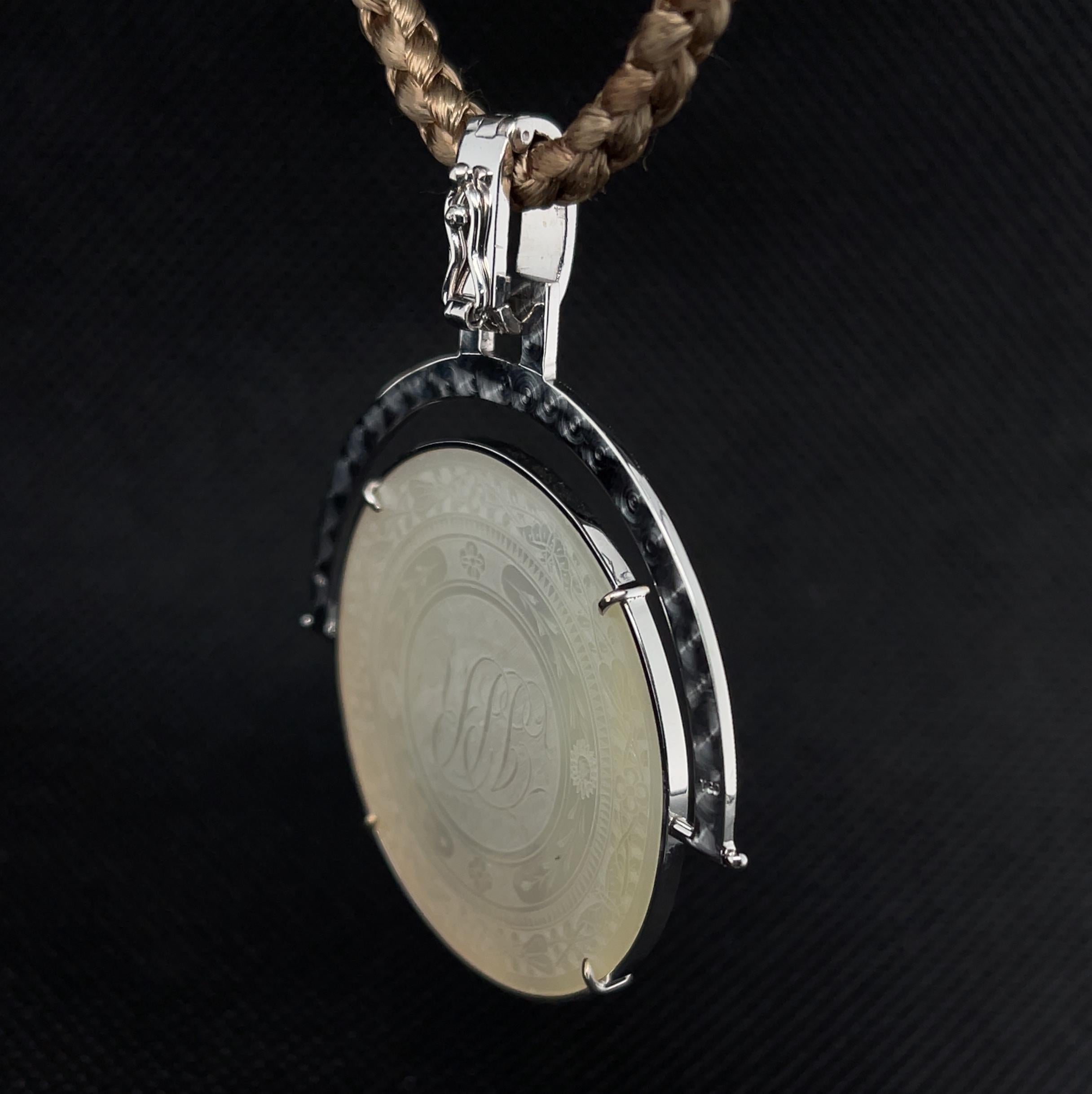 Mixed Cut Antique Mother-of-Pearl Gaming Counter Pendant / Enhancer in 14k White Gold For Sale