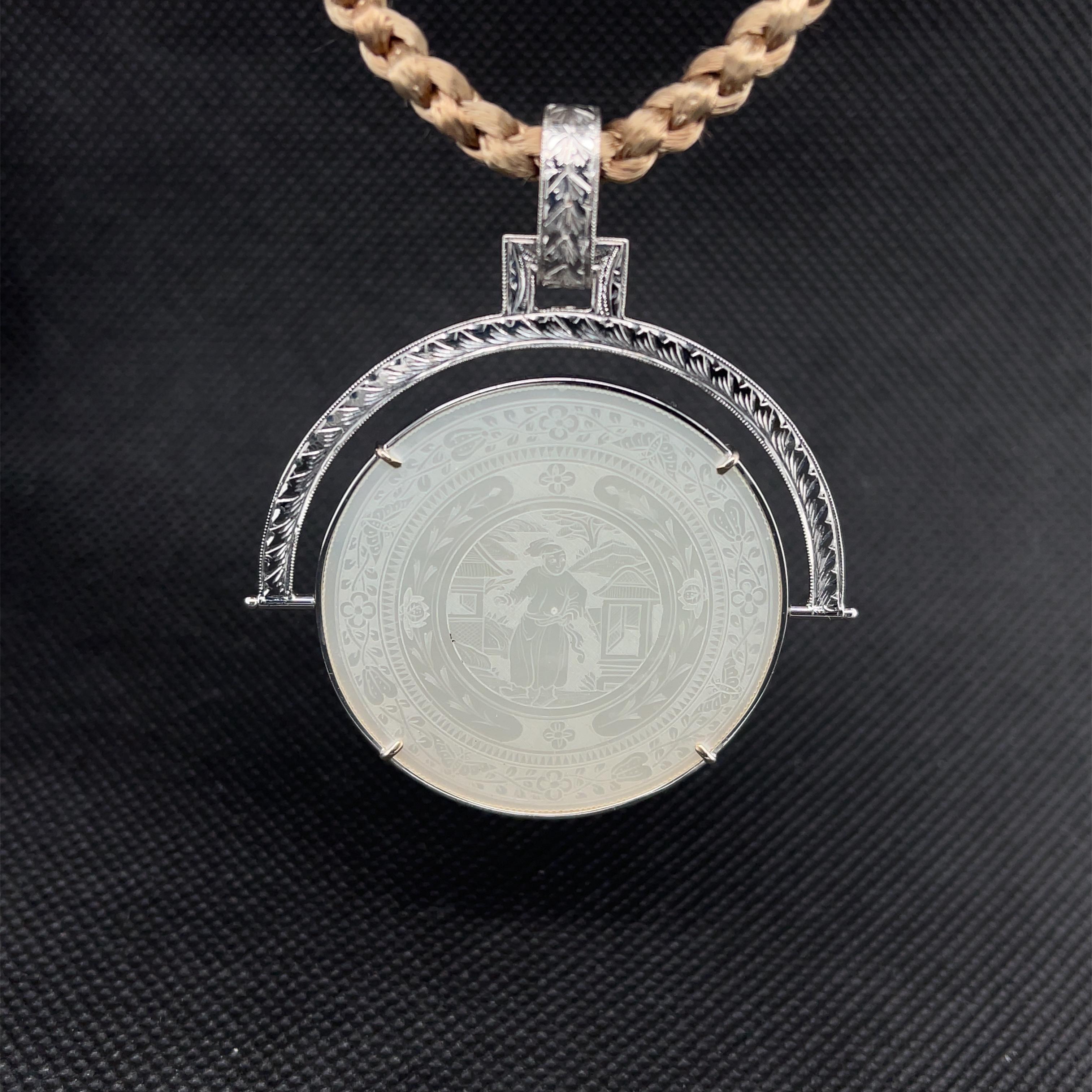 Antique Mother-of-Pearl Gaming Counter Pendant / Enhancer in 14k White Gold In New Condition For Sale In Los Angeles, CA