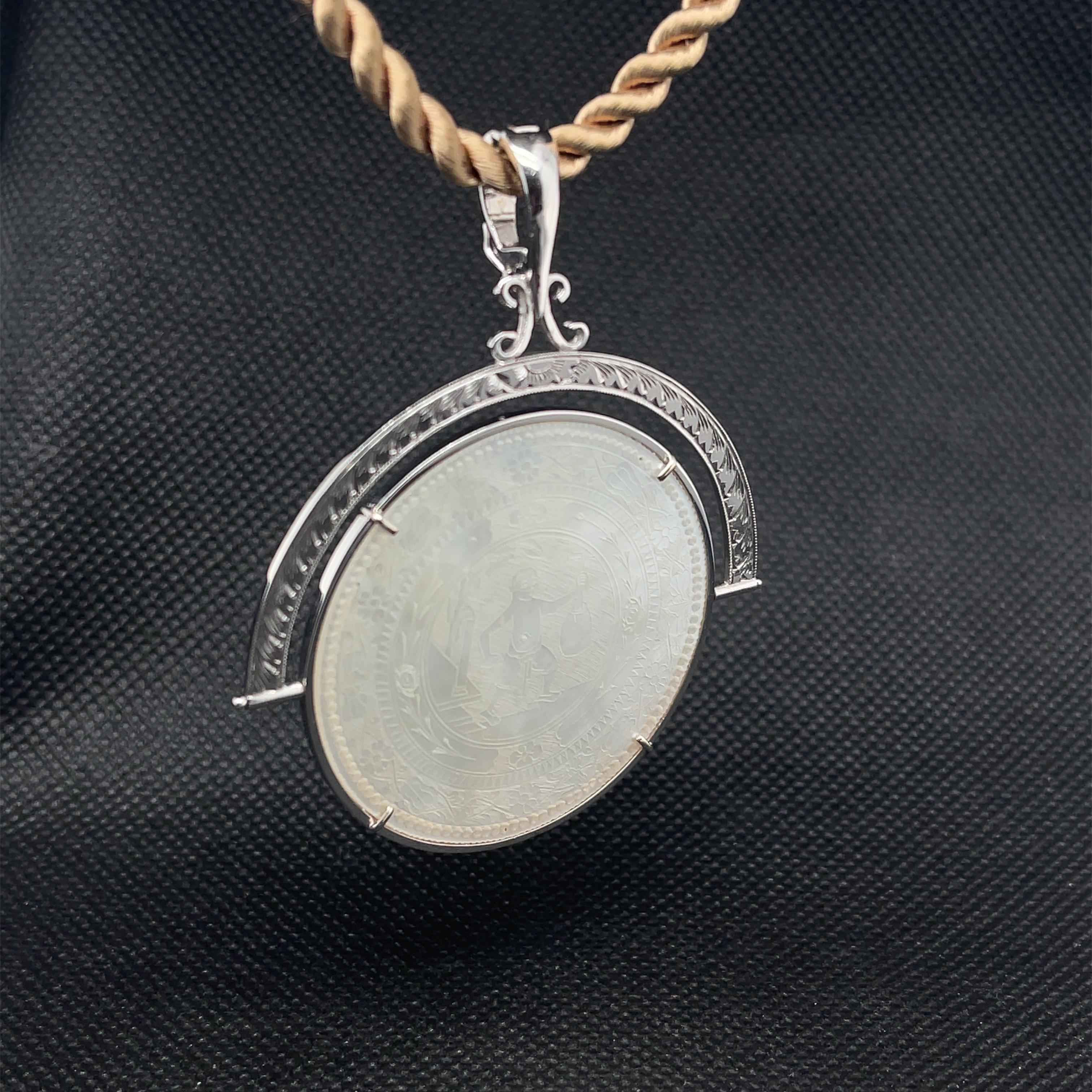Artisan Antique Mother-of-Pearl Gaming Counter Reversible Pendant Enhancer in White Gold For Sale