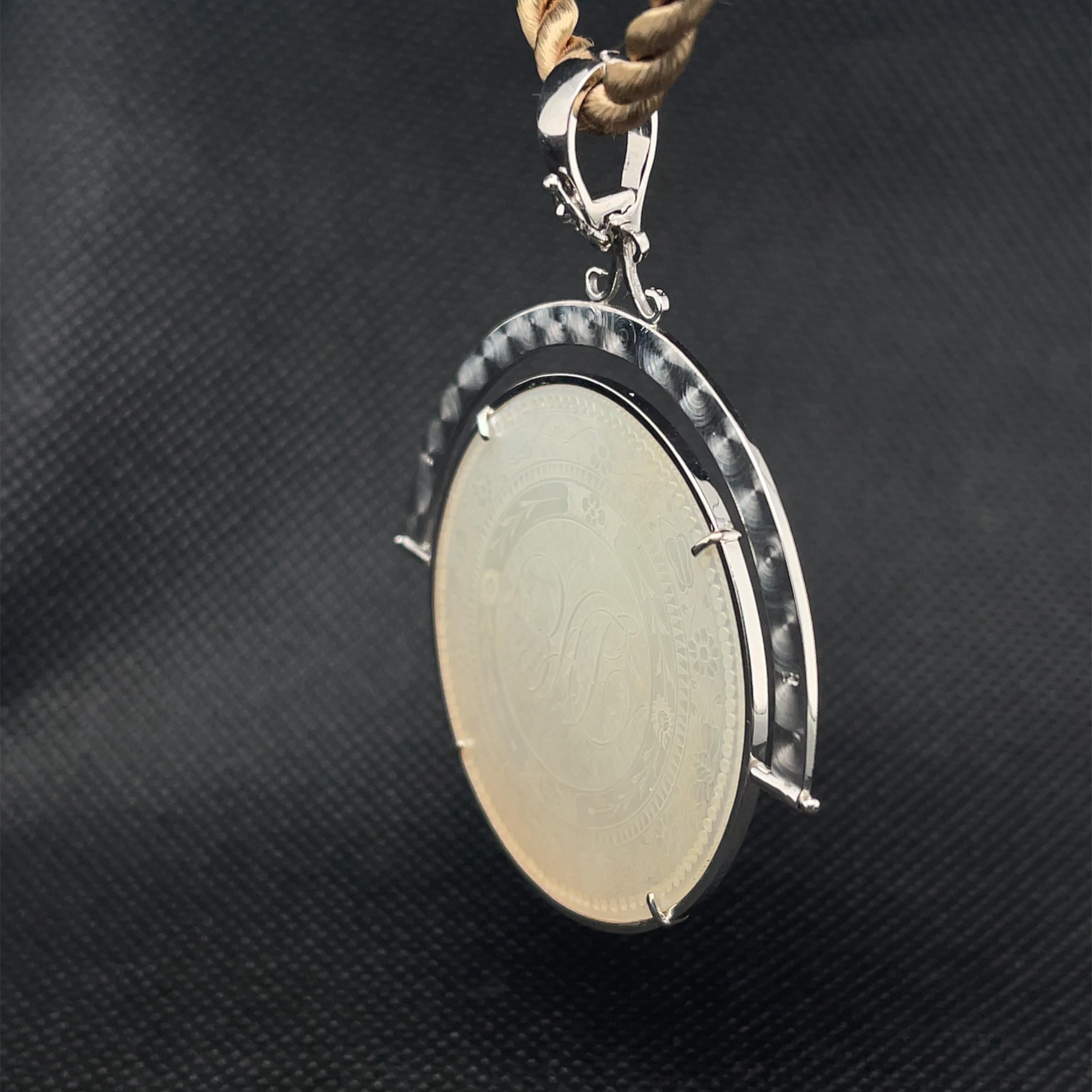 Round Cut Antique Mother-of-Pearl Gaming Counter Reversible Pendant Enhancer in White Gold For Sale