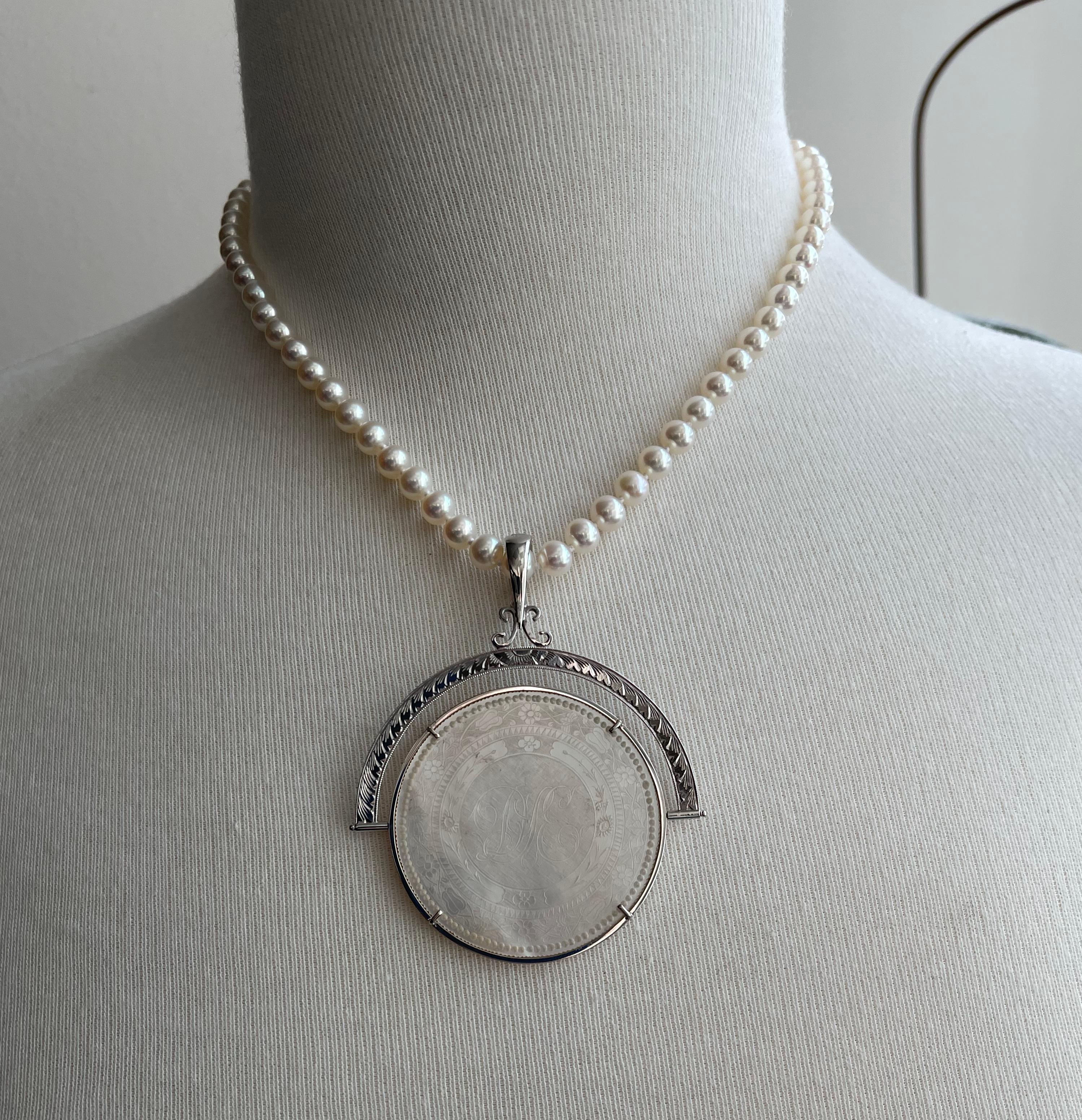 Antique Mother-of-Pearl Gaming Counter Reversible Pendant Enhancer in White Gold For Sale 1