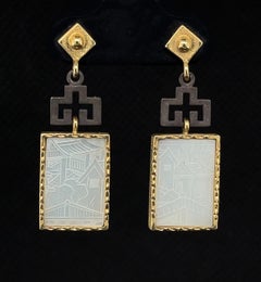 Antique Mother-of-Pearl Gambling Counter, Yellow Gold and Silver Dangle Earrings