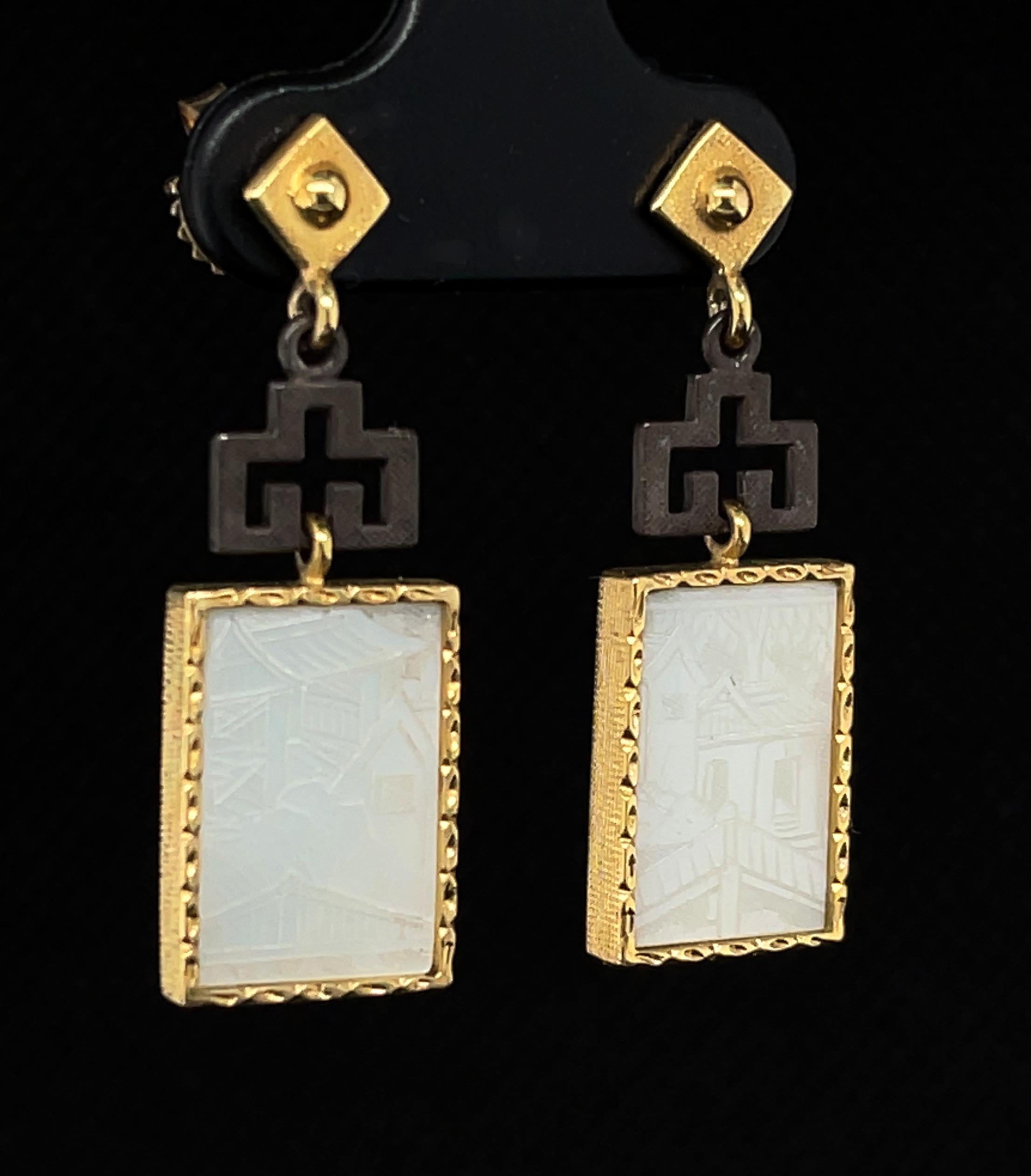 Artisan Antique Mother-of-Pearl Gambling Counter, Yellow Gold and Silver Dangle Earrings For Sale