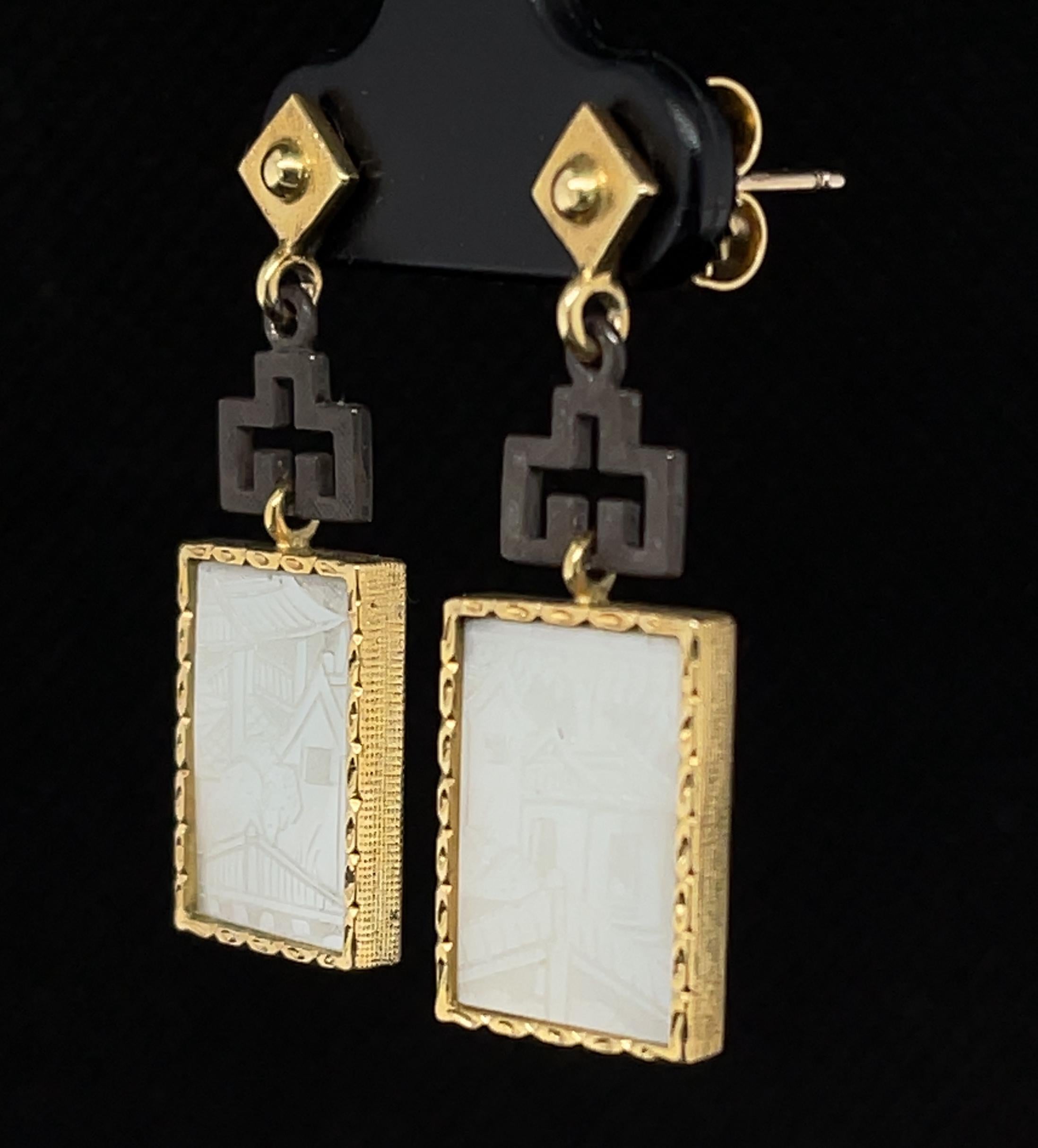 Women's or Men's Antique Mother-of-Pearl Gambling Counter, Yellow Gold and Silver Dangle Earrings For Sale