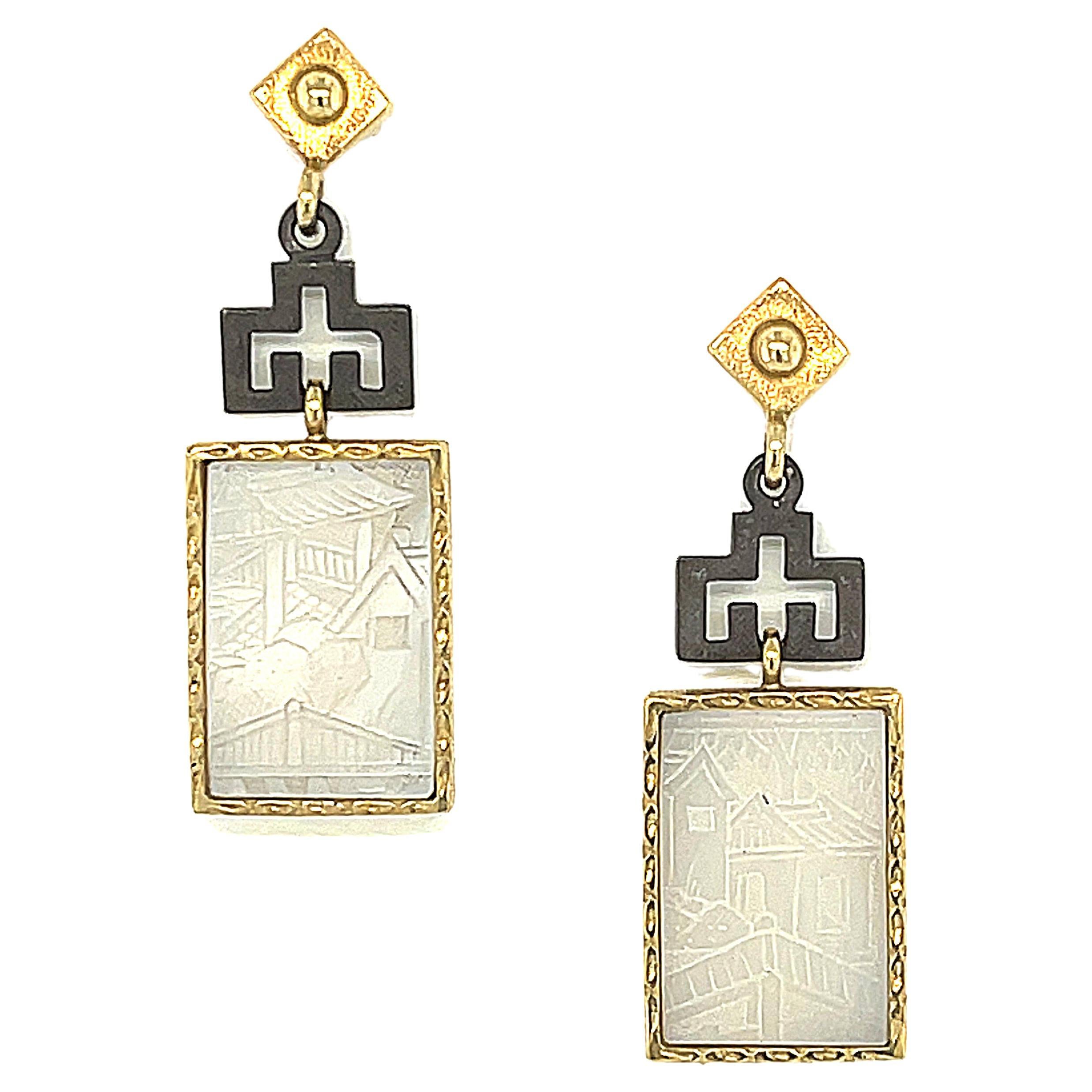 Antique Mother-of-Pearl Gambling Counter, Yellow Gold and Silver Dangle Earrings