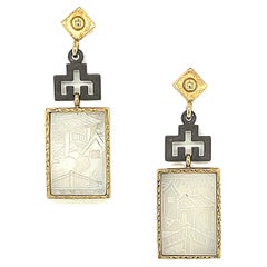 Used Mother-of-Pearl Gambling Counter, Yellow Gold and Silver Dangle Earrings