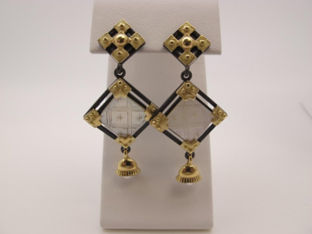 Antique Mother-of-Pearl Gaming Chip, 18k Gold & Silver Square Dangle Earrings For Sale 4