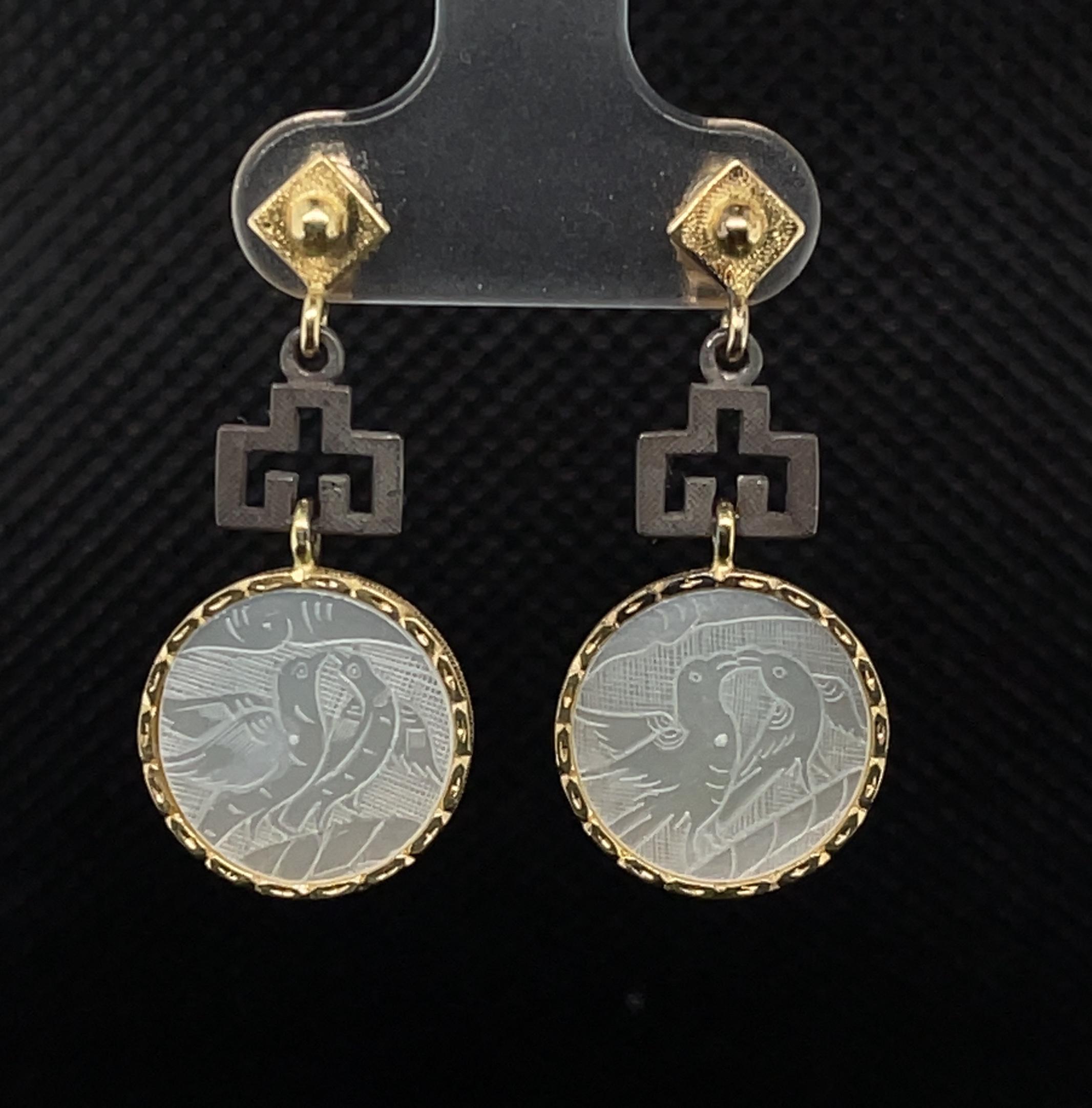 Artisan Antique Mother-of-Pearl Gaming Counter Drop Earrings in Gold and Silver  For Sale
