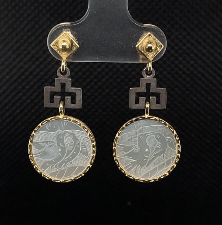 Mixed Cut Antique Mother-of-Pearl Gaming Counter 18k Gold, Blackened Silver Drop Earrings For Sale