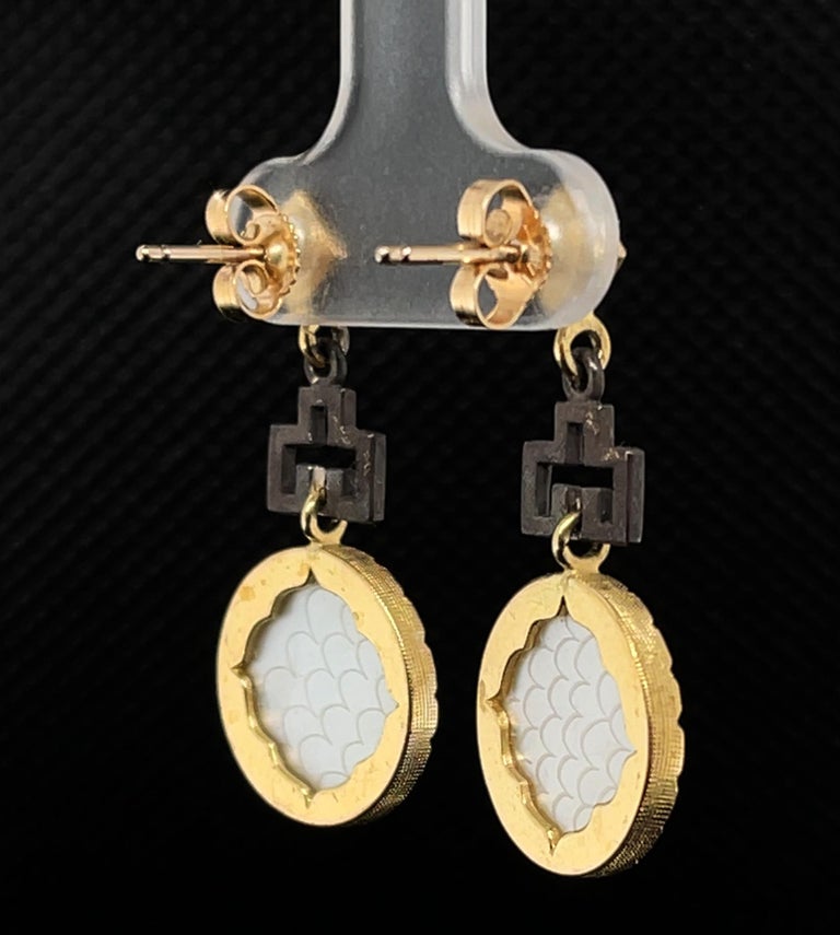Women's Antique Mother-of-Pearl Gaming Counter 18k Gold, Blackened Silver Drop Earrings For Sale