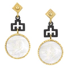 Antique Mother-of-Pearl Gaming Counter 18k Gold, Blackened Silver Drop Earrings