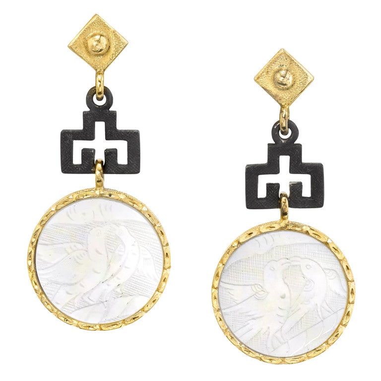 Antique Mother-of-Pearl Gaming Counter 18k Gold, Blackened Silver Drop Earrings For Sale