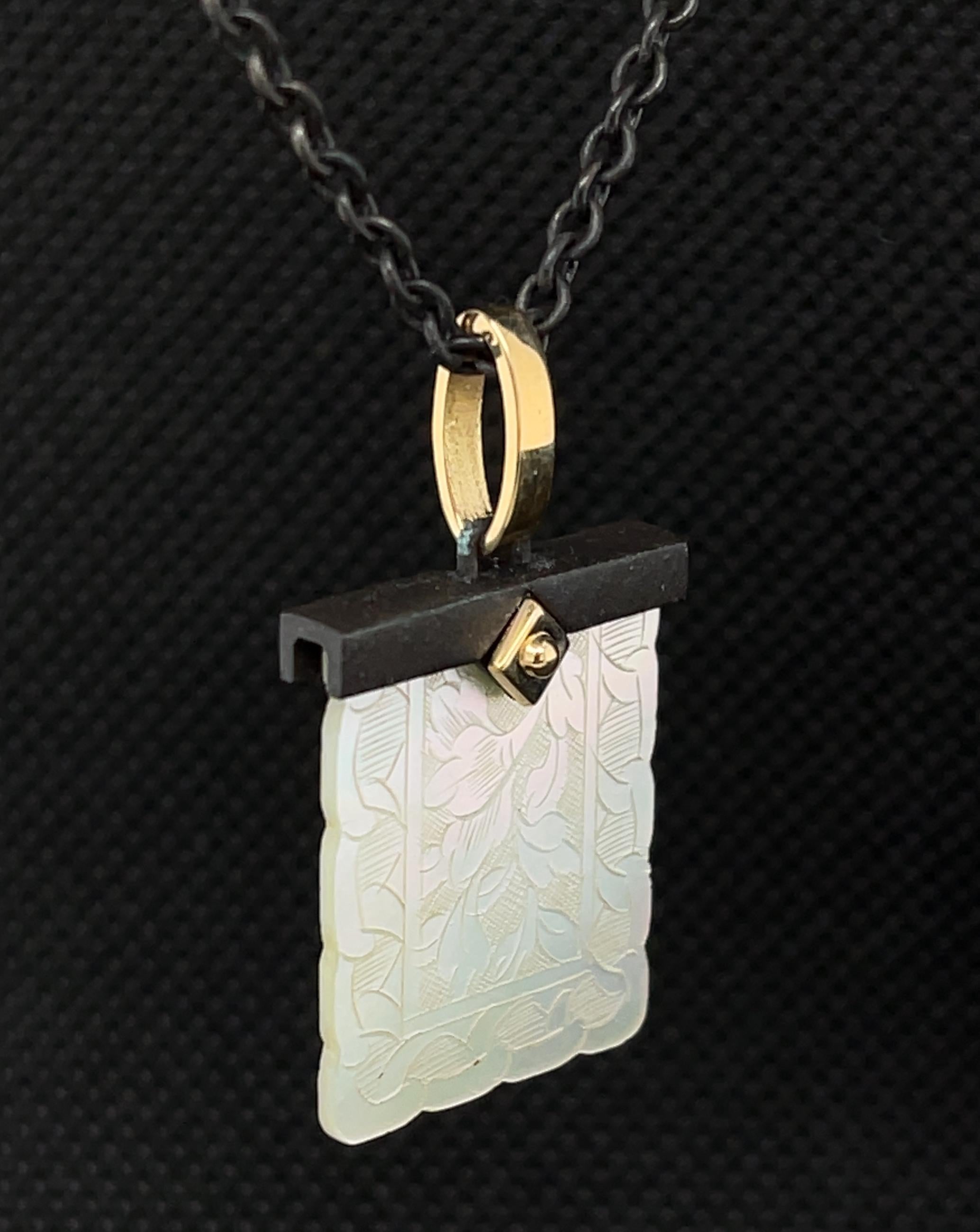Square Cut Antique Mother-of-Pearl Gaming Counter in 18K Gold and Silver Pendant with Chain For Sale