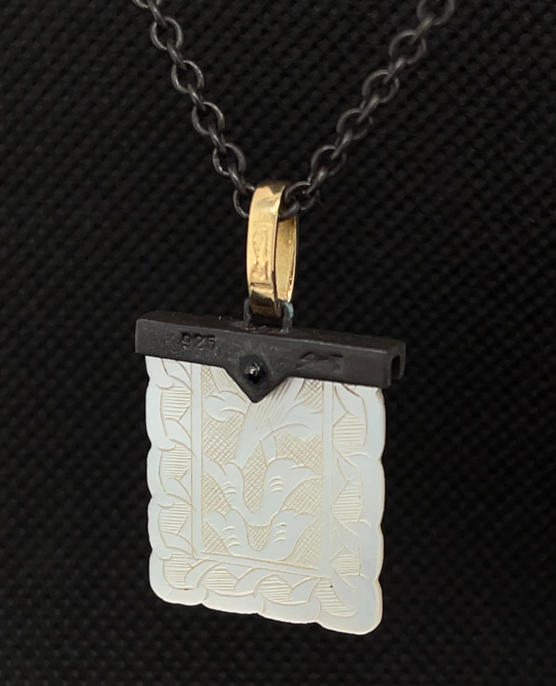 Women's or Men's Antique Mother-of-Pearl Gaming Counter in 18K Gold and Silver Pendant with Chain For Sale