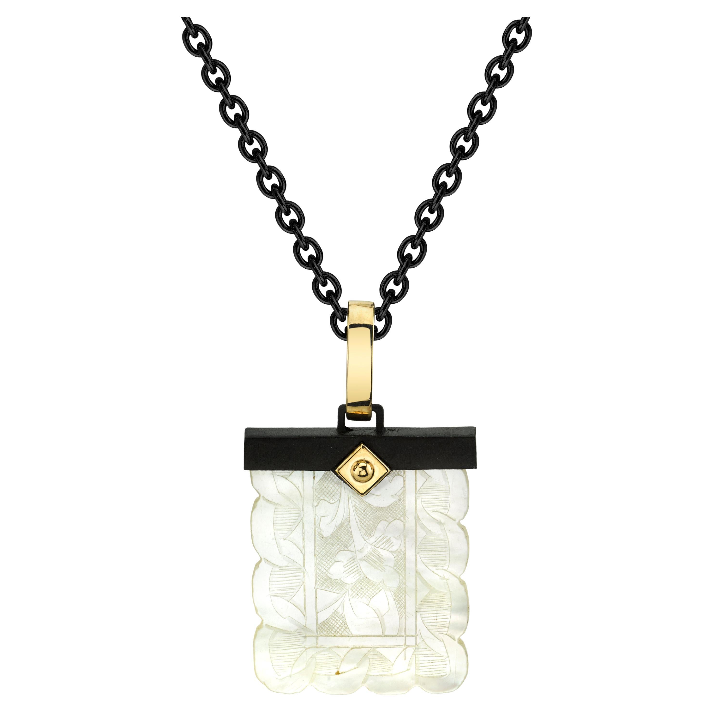 Antique Mother-of-Pearl Gaming Counter in 18K Gold and Silver Pendant with Chain For Sale