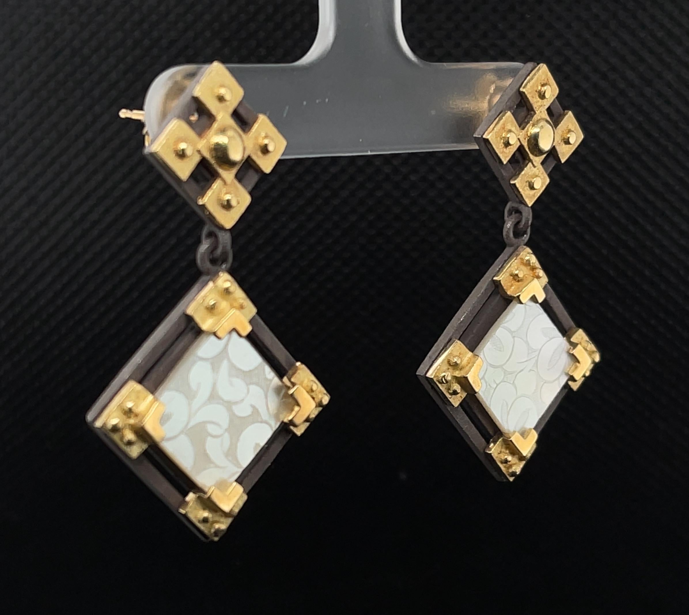 Square Cut Antique Mother-of-Pearl Gaming Counter 18k Yellow Gold & Silver Dangle Earrings For Sale