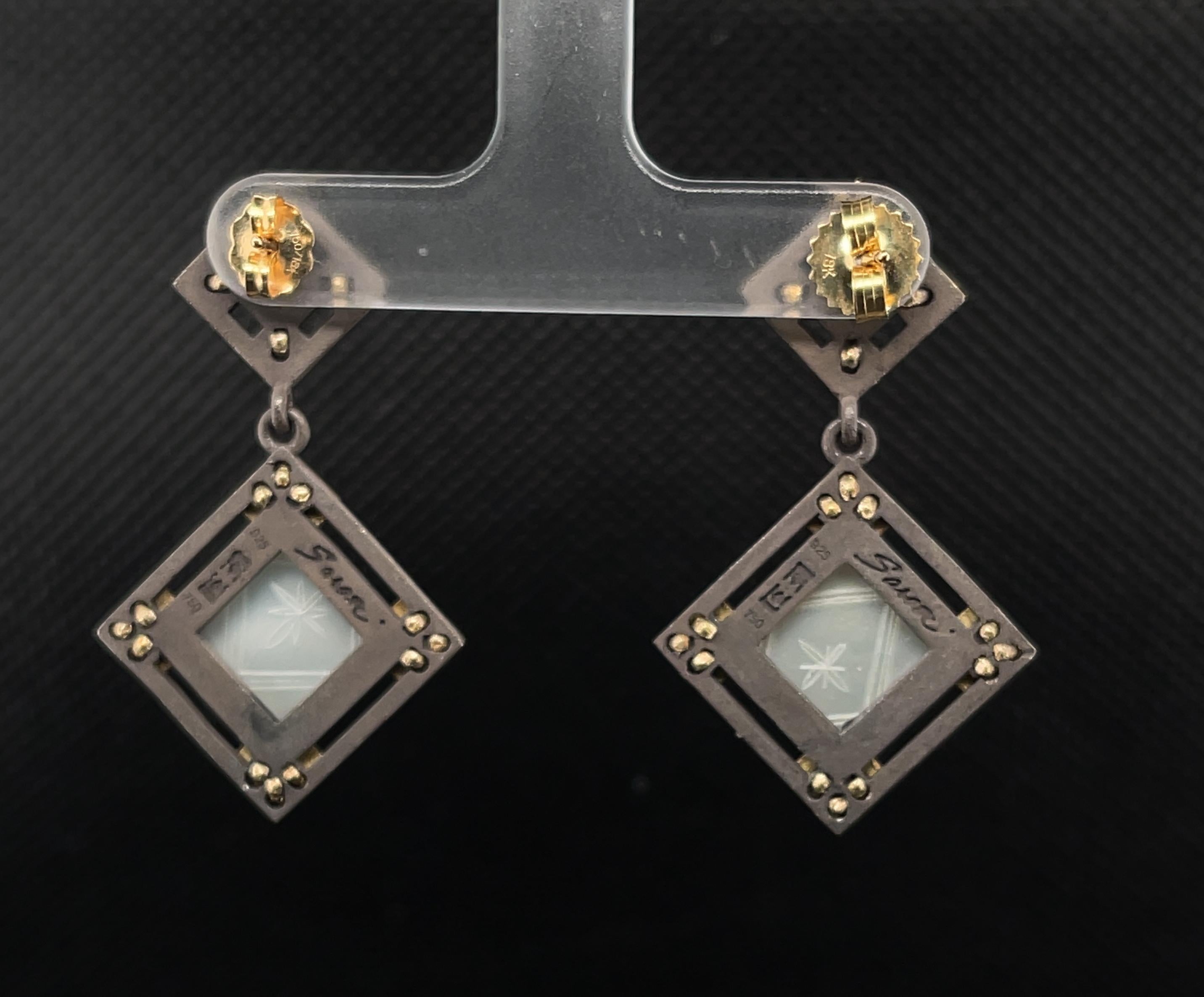 Women's Antique Mother-of-Pearl Gaming Counter 18k Yellow Gold & Silver Dangle Earrings For Sale