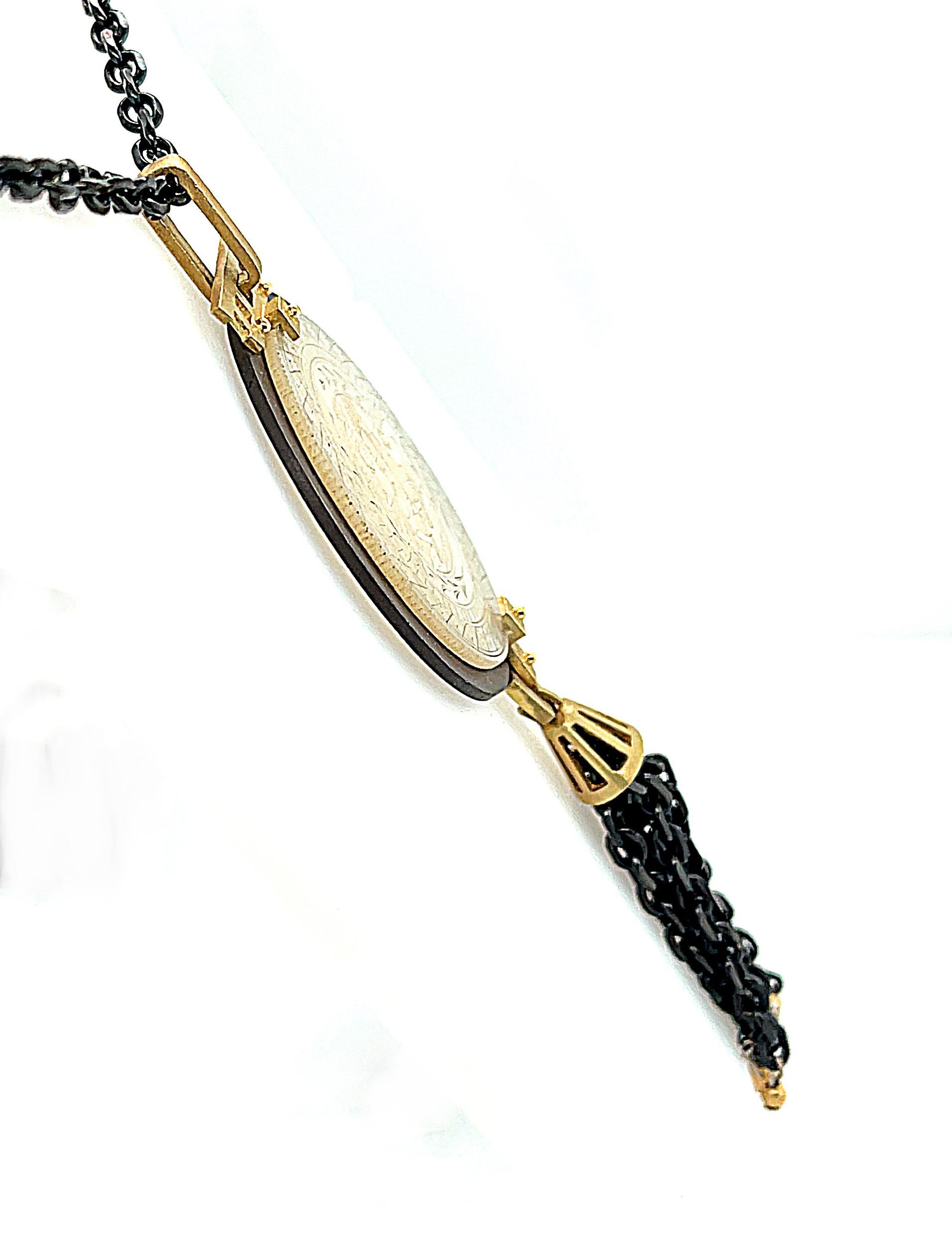 Artisan Antique Engraved Mother-of-Pearl Necklace in Yellow Gold with Blackened Silver For Sale