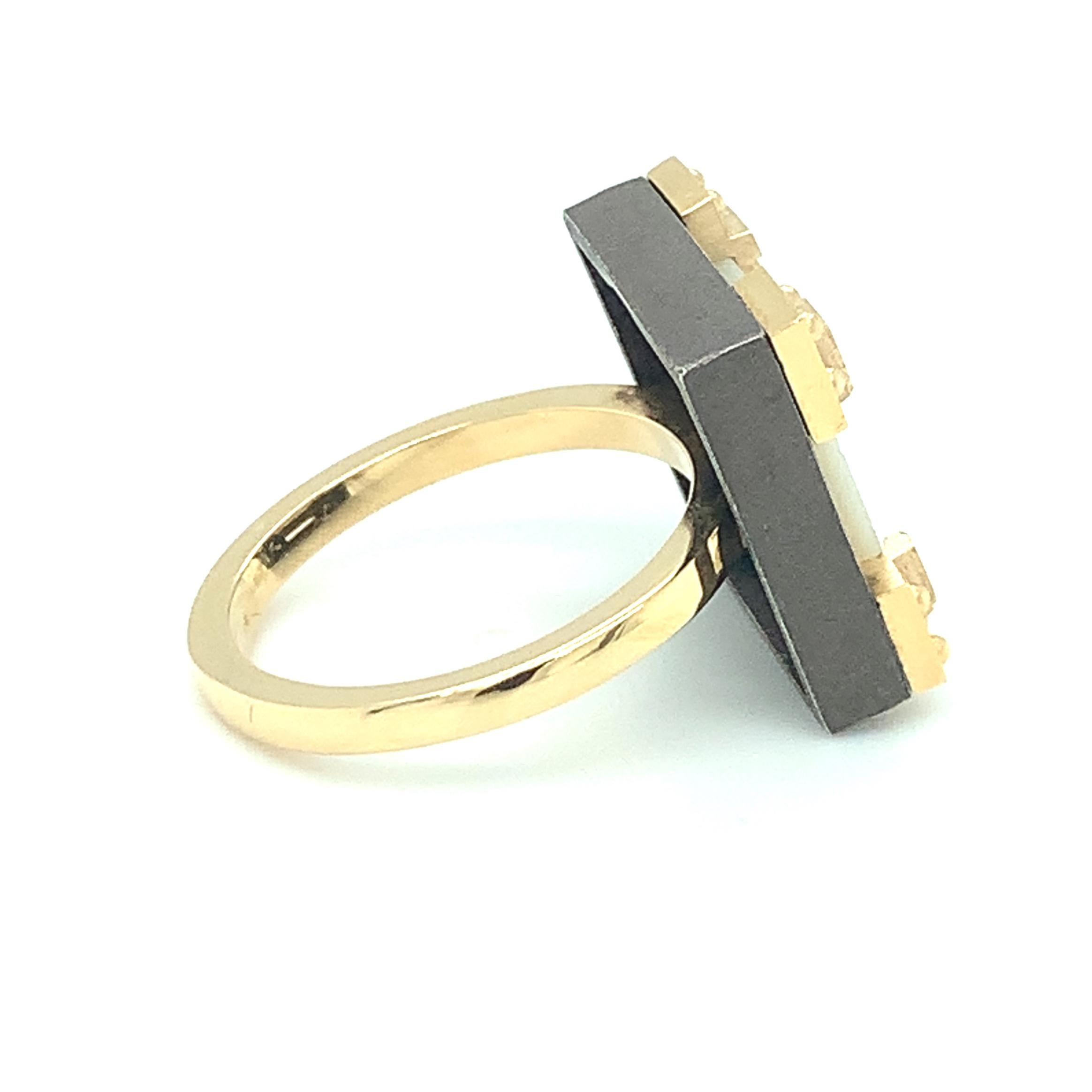 Artisan Antique Mother-of-Pearl Gaming Counter 18k Yellow Gold & Silver Ring with Bands For Sale