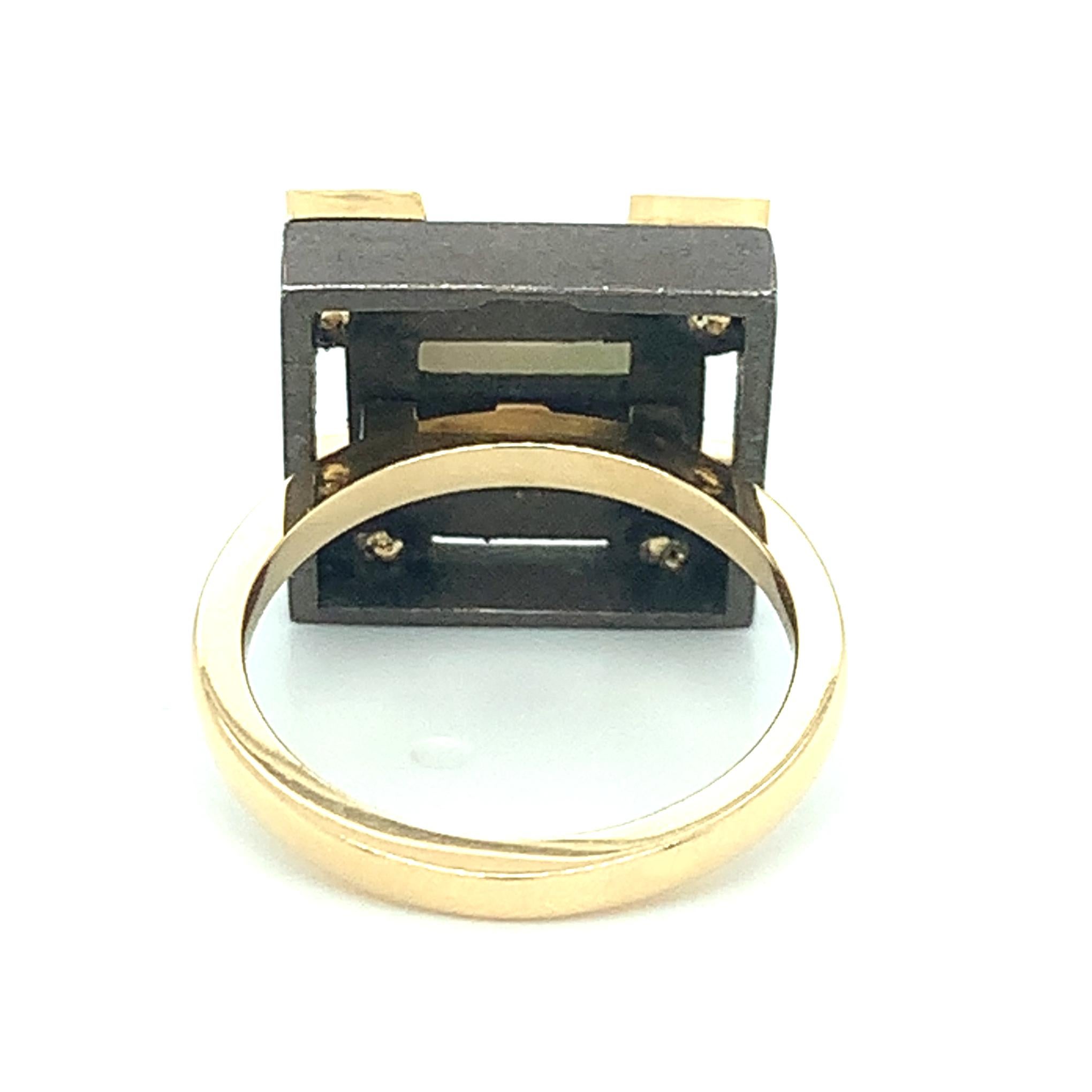 Square Cut Antique Mother-of-Pearl Gaming Counter 18k Yellow Gold & Silver Ring with Bands For Sale
