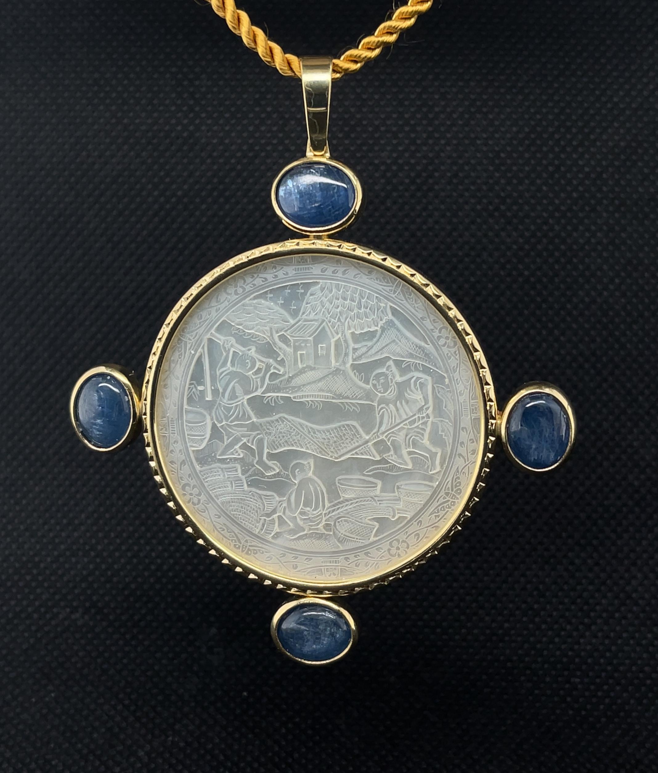 This eye-catching pendant features a true work of art - a beautiful, highly-carved antique gaming counter. Gaming counters, aka gambling chips, are beautiful pieces of fine quality mother-of-pearl that were hand carved in China in the 18th and 19th