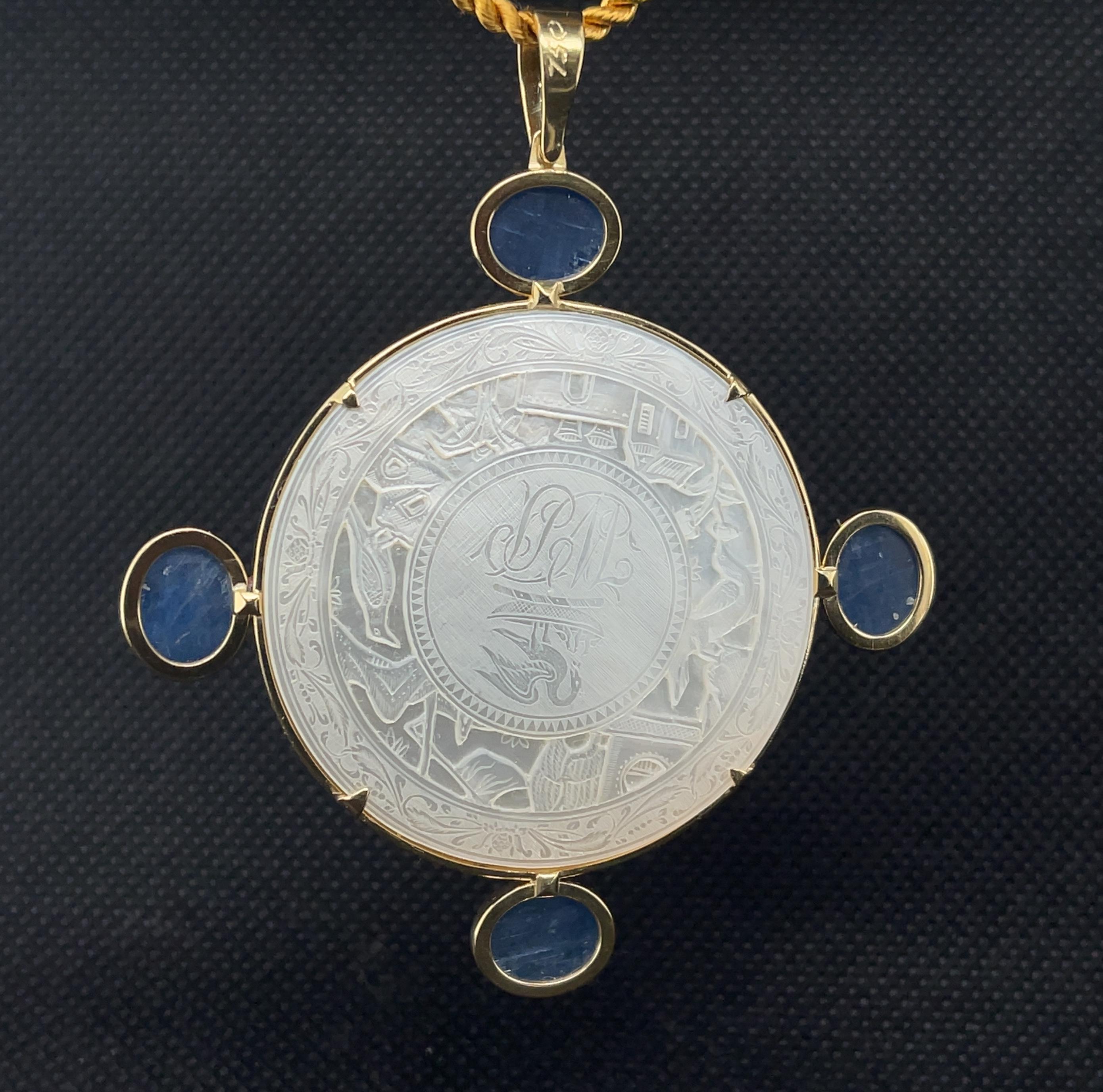 Antique Mother-of-Pearl Gaming Counter with Kyanite in 18k Yellow Gold Pendant In New Condition For Sale In Los Angeles, CA