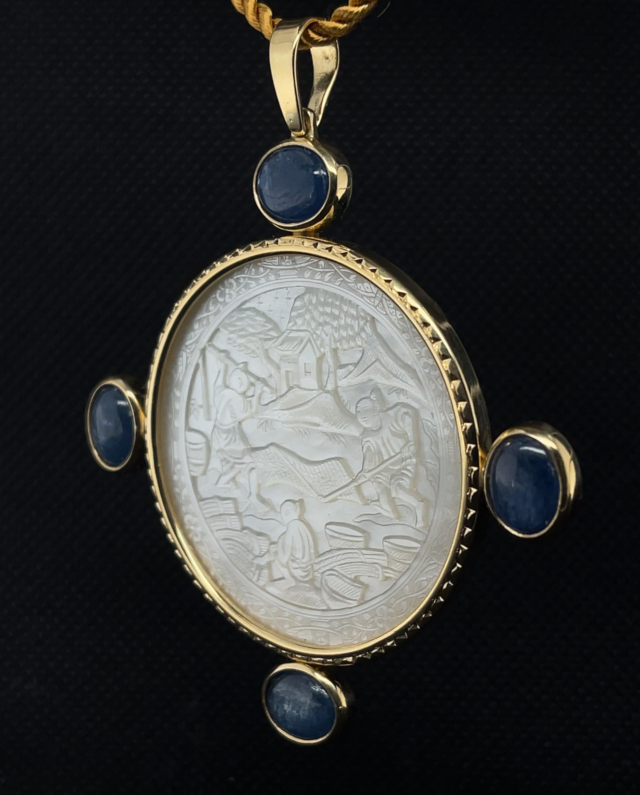 Women's Antique Mother-of-Pearl Gaming Counter with Kyanite in 18k Yellow Gold Pendant For Sale