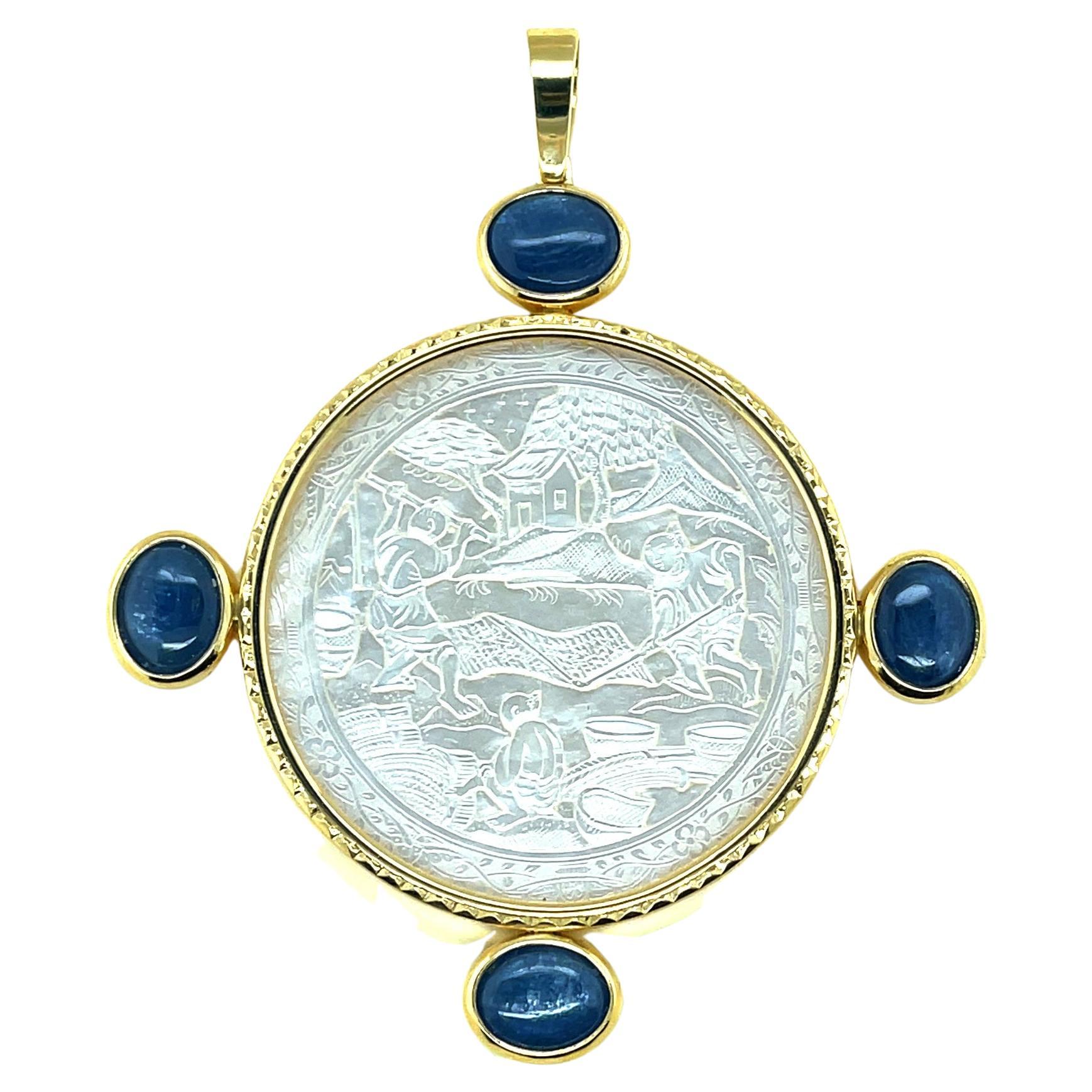 Antique Mother-of-Pearl Gaming Counter with Kyanite in 18k Yellow Gold Pendant For Sale