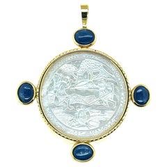 Antique Mother-of-Pearl Gaming Counter with Kyanite in 18k Yellow Gold Pendant