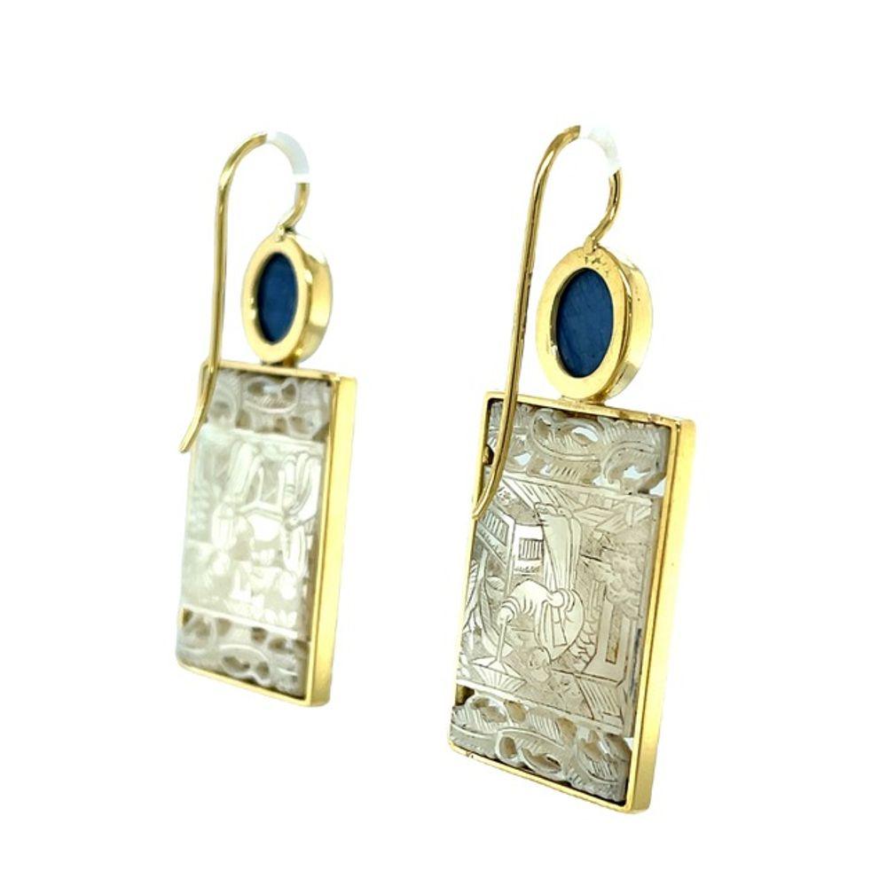 Artisan Antique Mother-of-pearl Gaming Counter and Kyanite Earrings in Yellow Gold For Sale