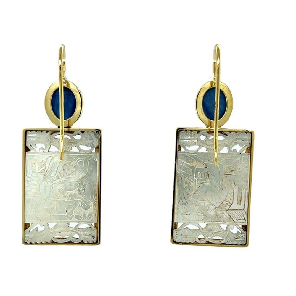 Square Cut Antique Mother-of-pearl Gaming Counter and Kyanite Earrings in Yellow Gold For Sale