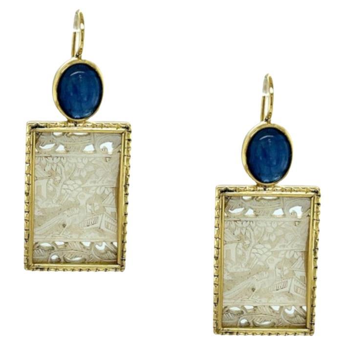 Antique Mother-of-pearl Gaming Counter and Kyanite Earrings in Yellow Gold For Sale