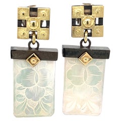 Antique Mother-of-Pearl Gaming Counter Earrings in 18k Gold and Blackened Silver
