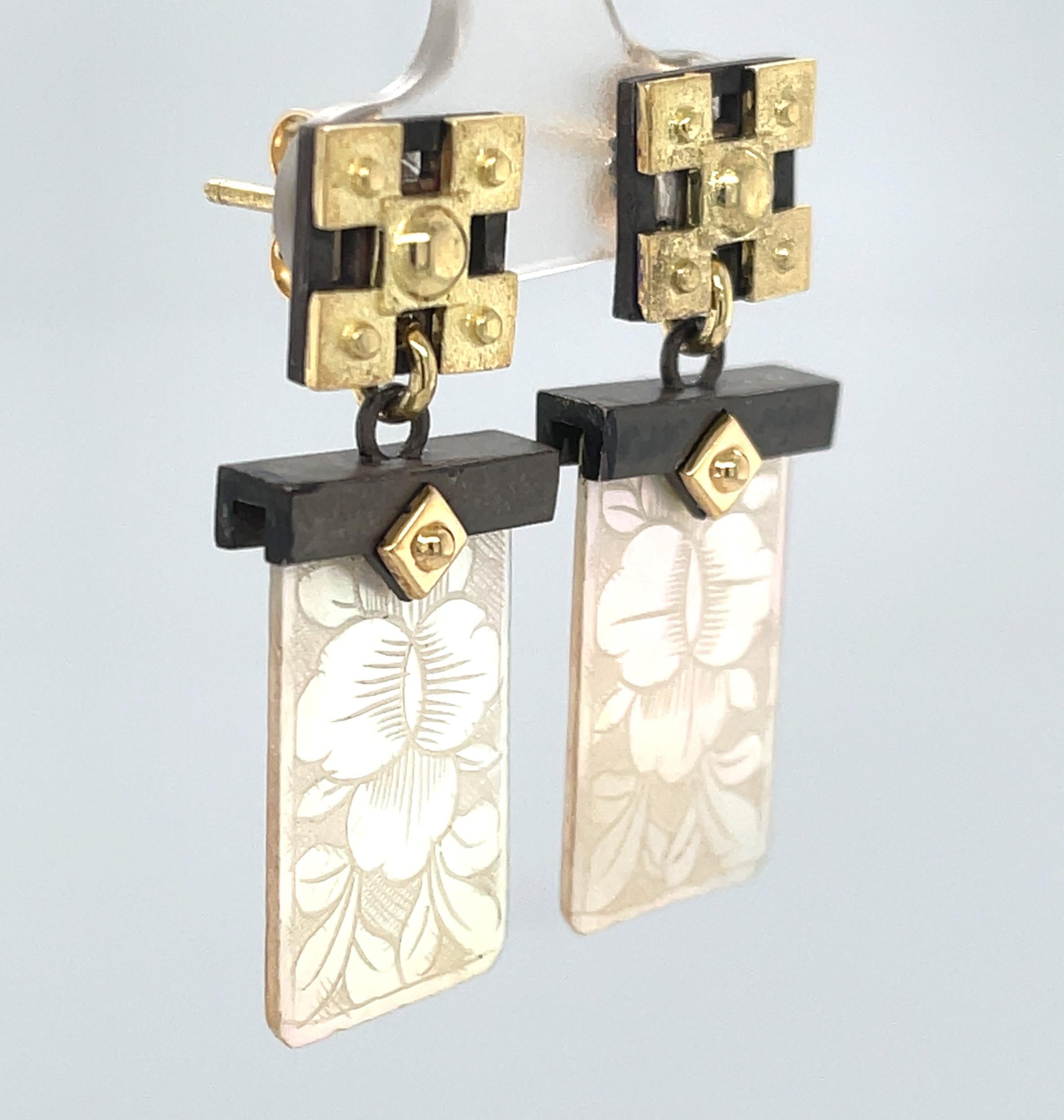 Artisan Antique Mother-of-Pearl Gaming Counter Earrings in 18k Gold and Blackened Silver