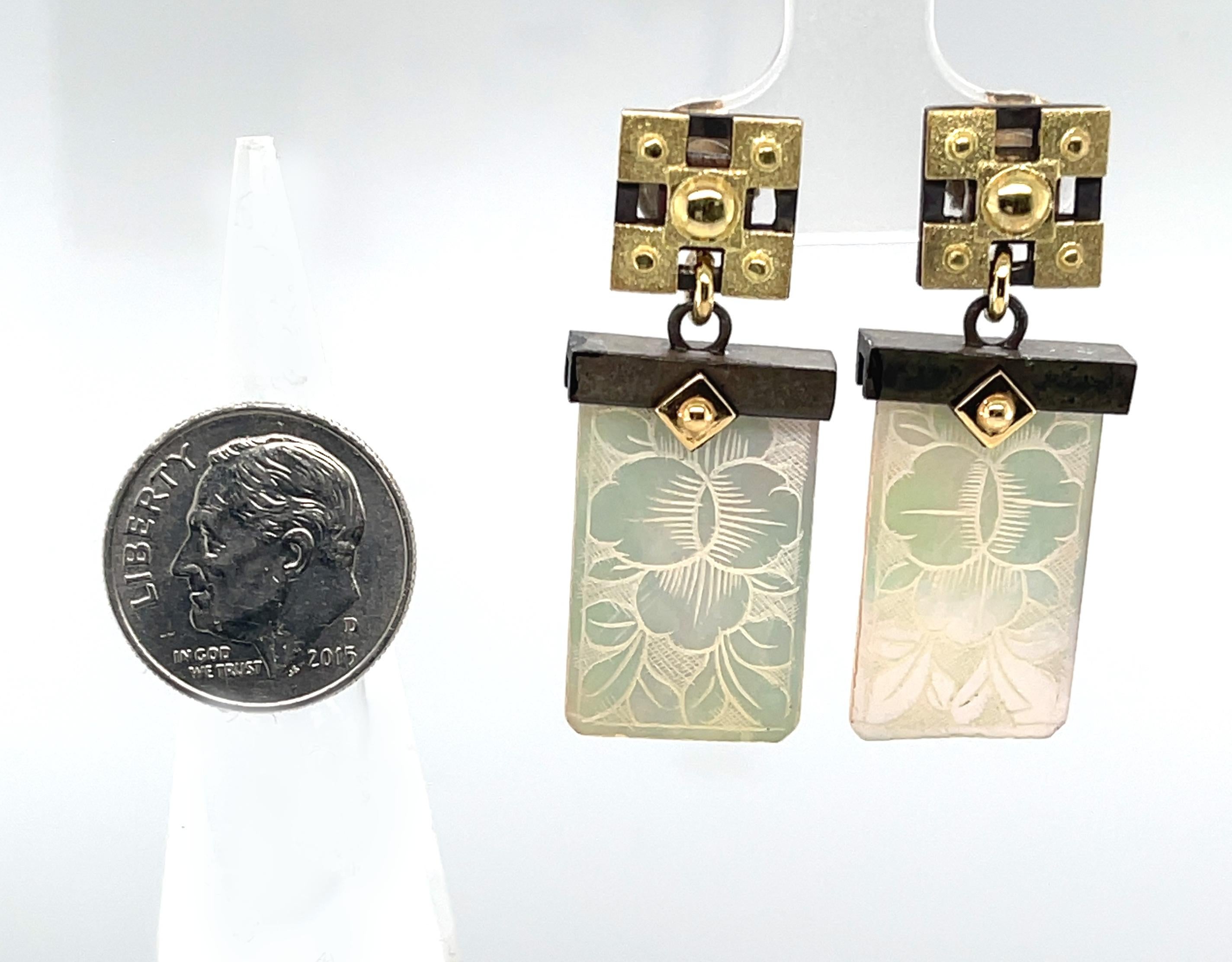 Cabochon Antique Mother-of-Pearl Gaming Counter Earrings in 18k Gold and Blackened Silver