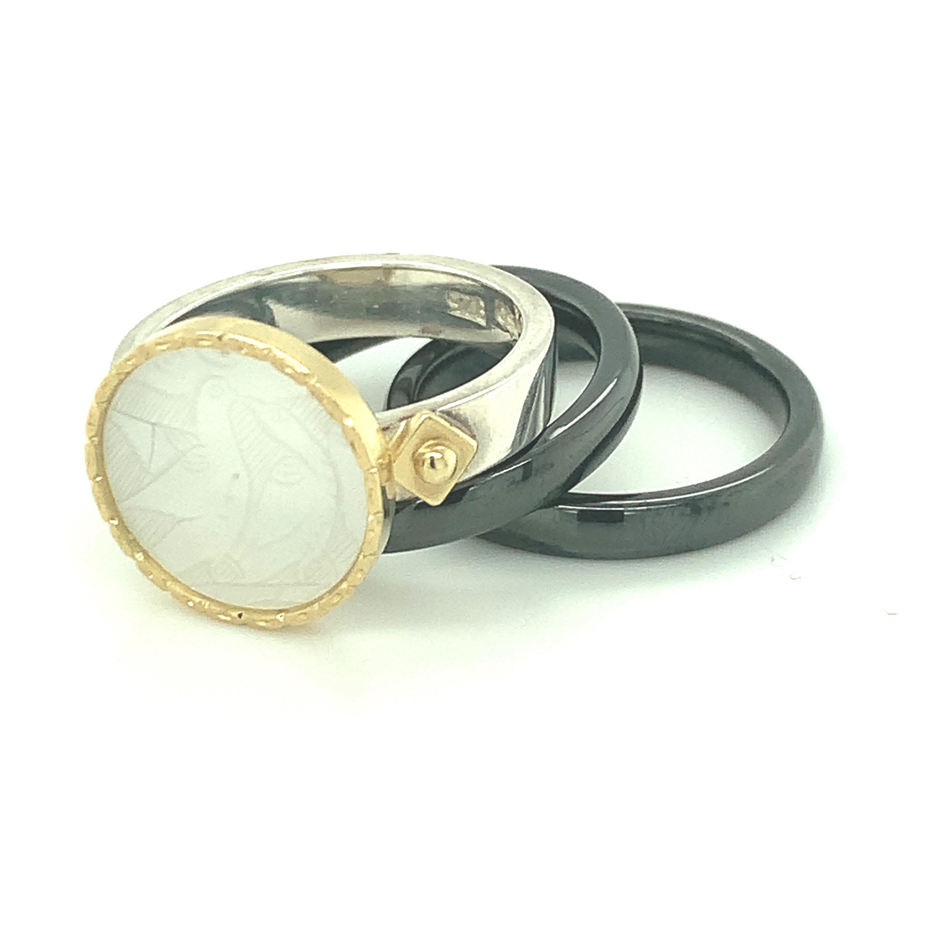 Women's or Men's Antique Mother-of-Pearl Gaming Counter Ring in Gold, Silver with Ceramic Bands For Sale