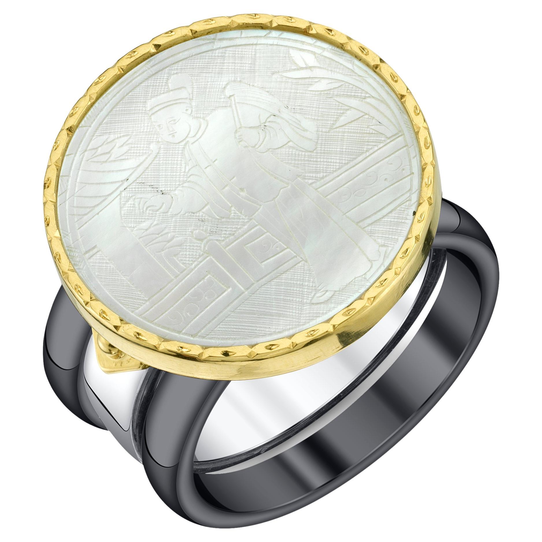 Antique Engraved Mother-of-Pearl Ring in 18k Gold with Removable Ceramic Bands