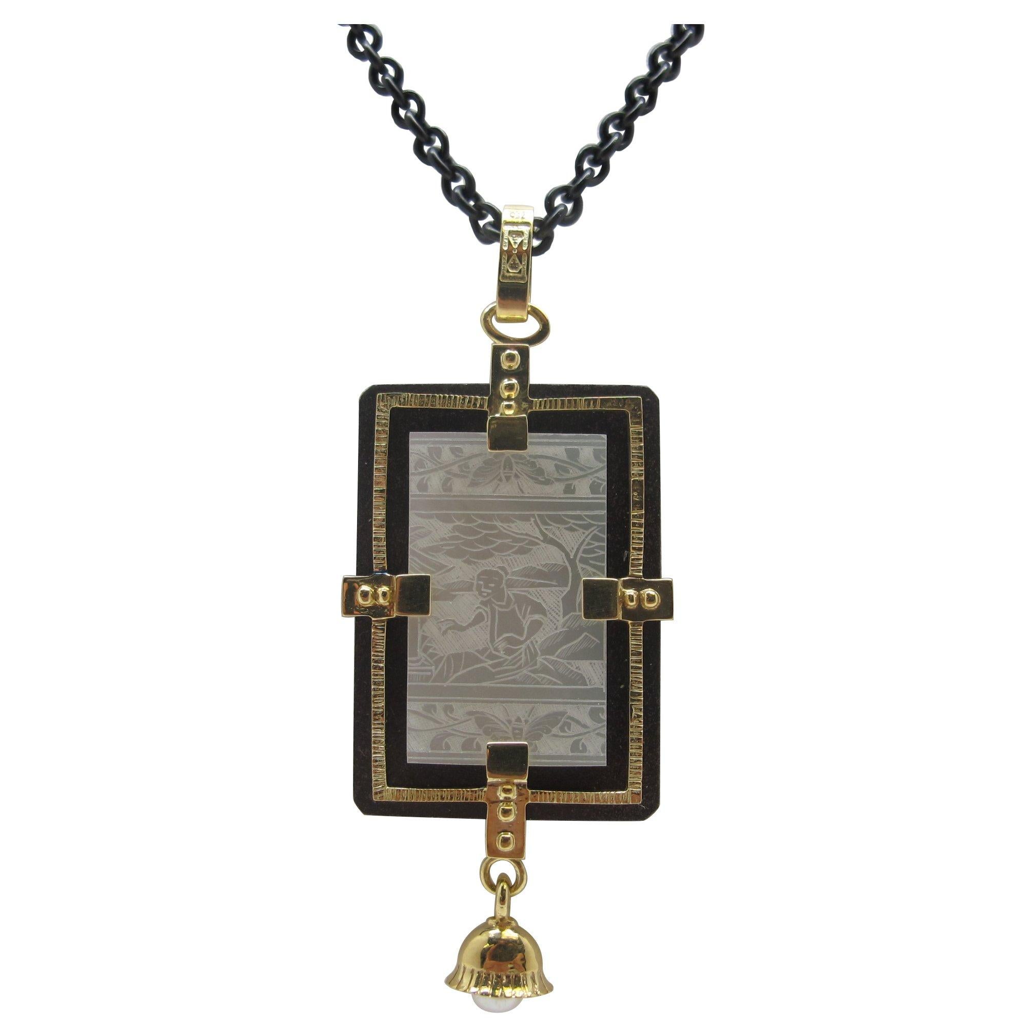 Antique Mother of Pearl  Gaming Counter Pendant 18k Gold, Silver and Steel