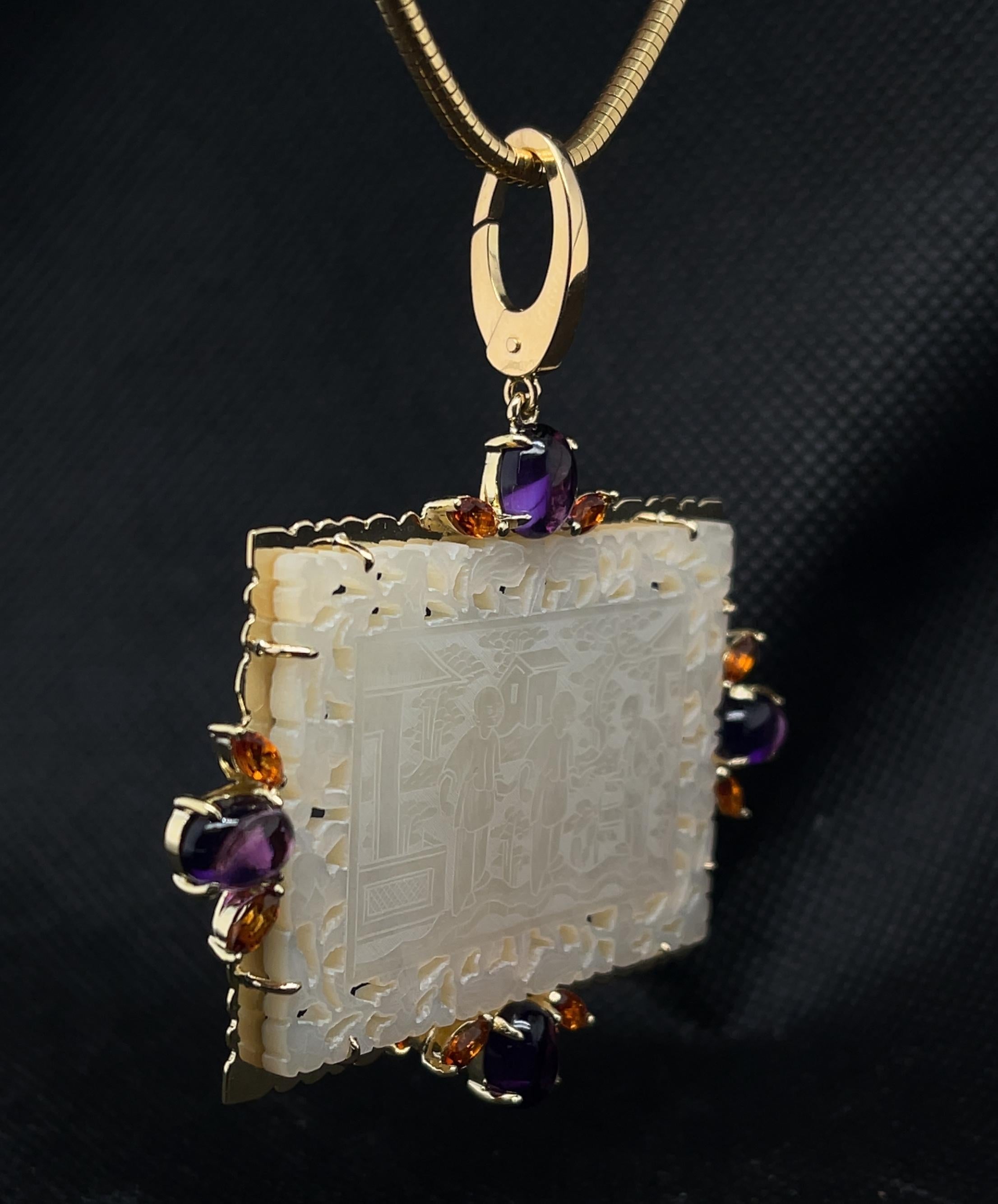 Artisan Antique Mother-of-Pearl Gaming Counter Pendant with Amethyst and Citrine For Sale