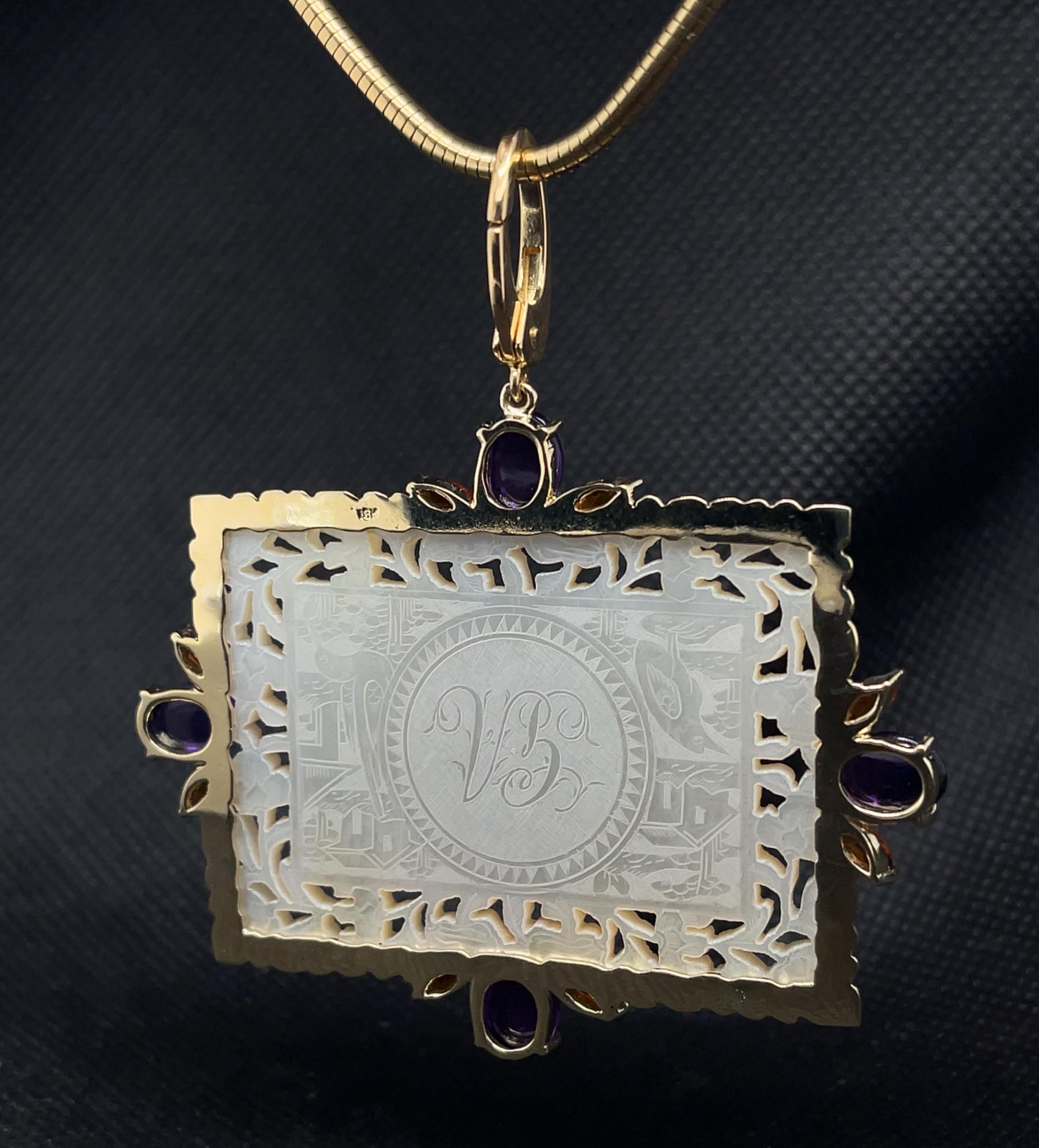 Uncut Antique Mother-of-Pearl Gaming Counter Pendant with Amethyst and Citrine For Sale