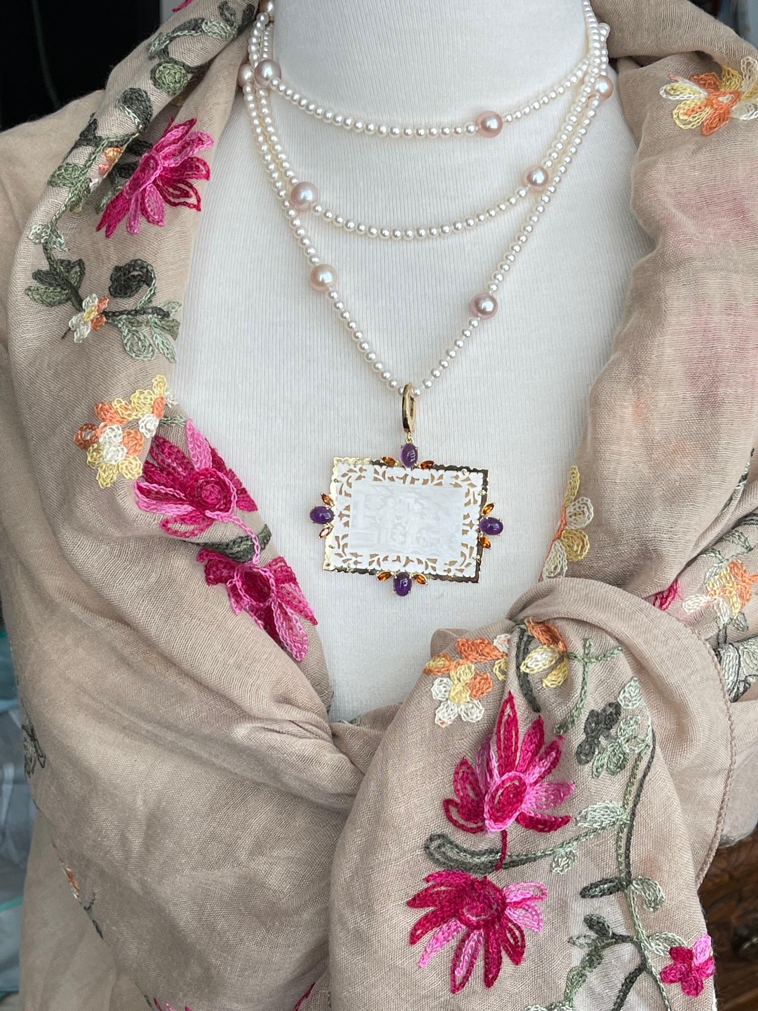 Antique Mother-of-Pearl Gaming Counter Pendant with Amethyst and Citrine In New Condition For Sale In Los Angeles, CA
