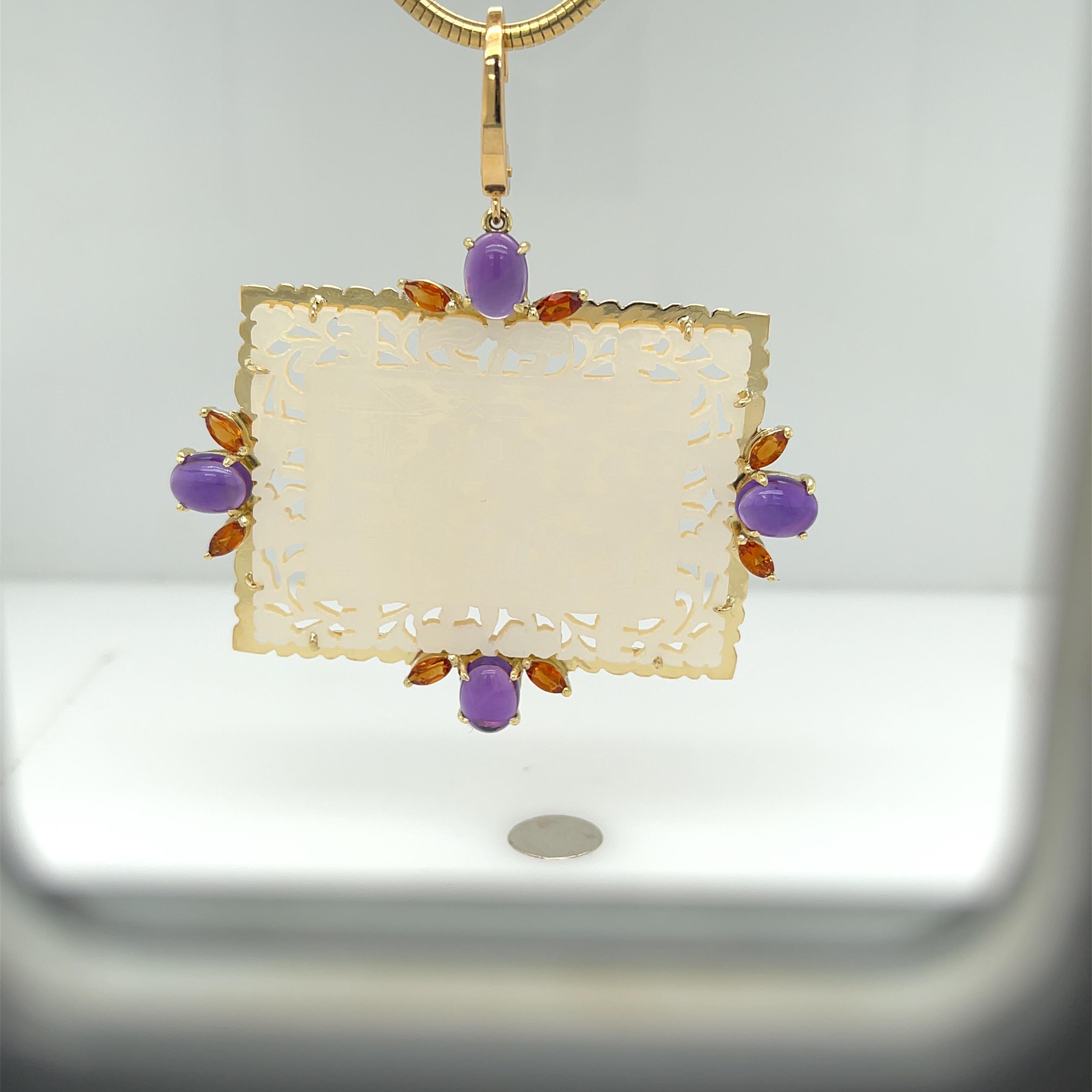 Antique Mother-of-Pearl Gaming Counter Pendant with Amethyst and Citrine For Sale 2