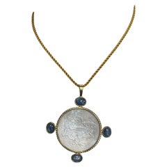 Antique Mother-of-Pearl Gaming Counter with Kyanite in 18k Yellow Gold Pendant